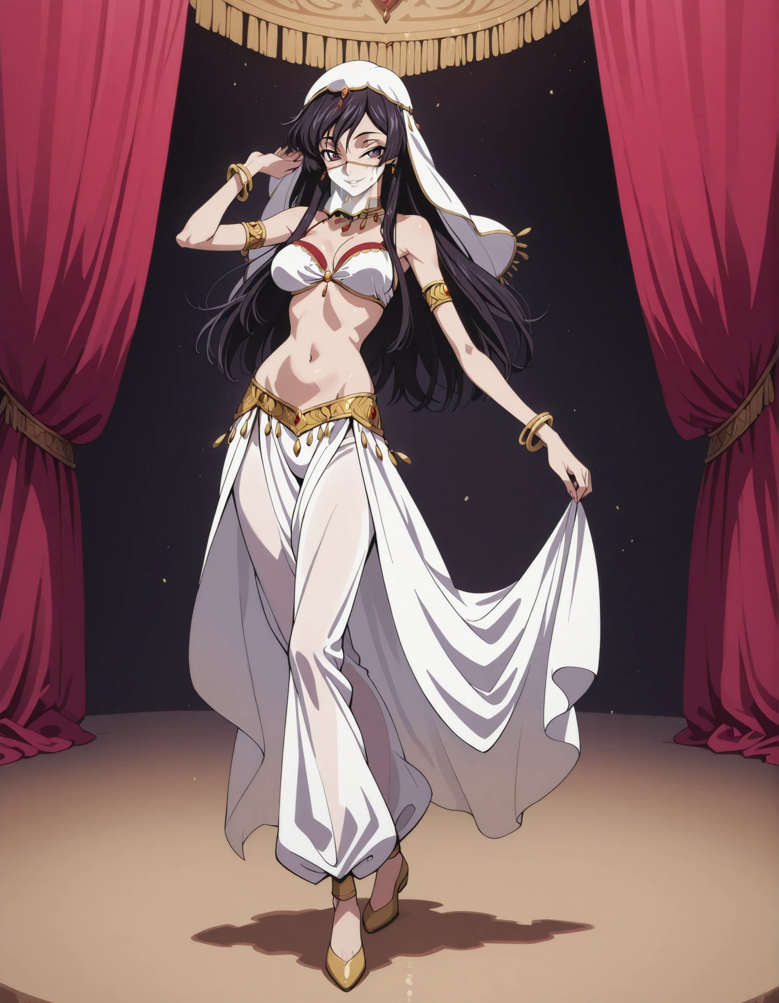 (1girl:1 . 5) , (Seul:1 . 5) , score_9 , score_8_haut , score_7_haut , source_anime , Official work , ultra-detailed , masterpiece , best quality selfie snapshot , high resolution , beaux yeux , detailed eyes , detailed face , beautiful detailed eyes ,Code Geass,Sakuya Sumeragi,Arabian Clothes , Arabian Dancer ,belly dancer costume ,full body,golden jewelery,mouth veil,armlet, belly dancing,arabian theater,seductive smile, dancing with veil, dynamic movement,dance posture, seductive pose