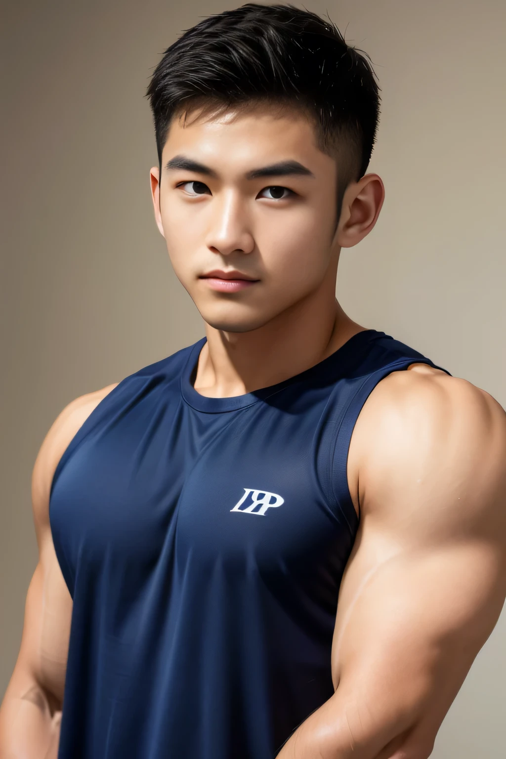 18-year-old male、Japanese、handsome guys、Macho、athlete、plain navy colored clothes、Shaved head