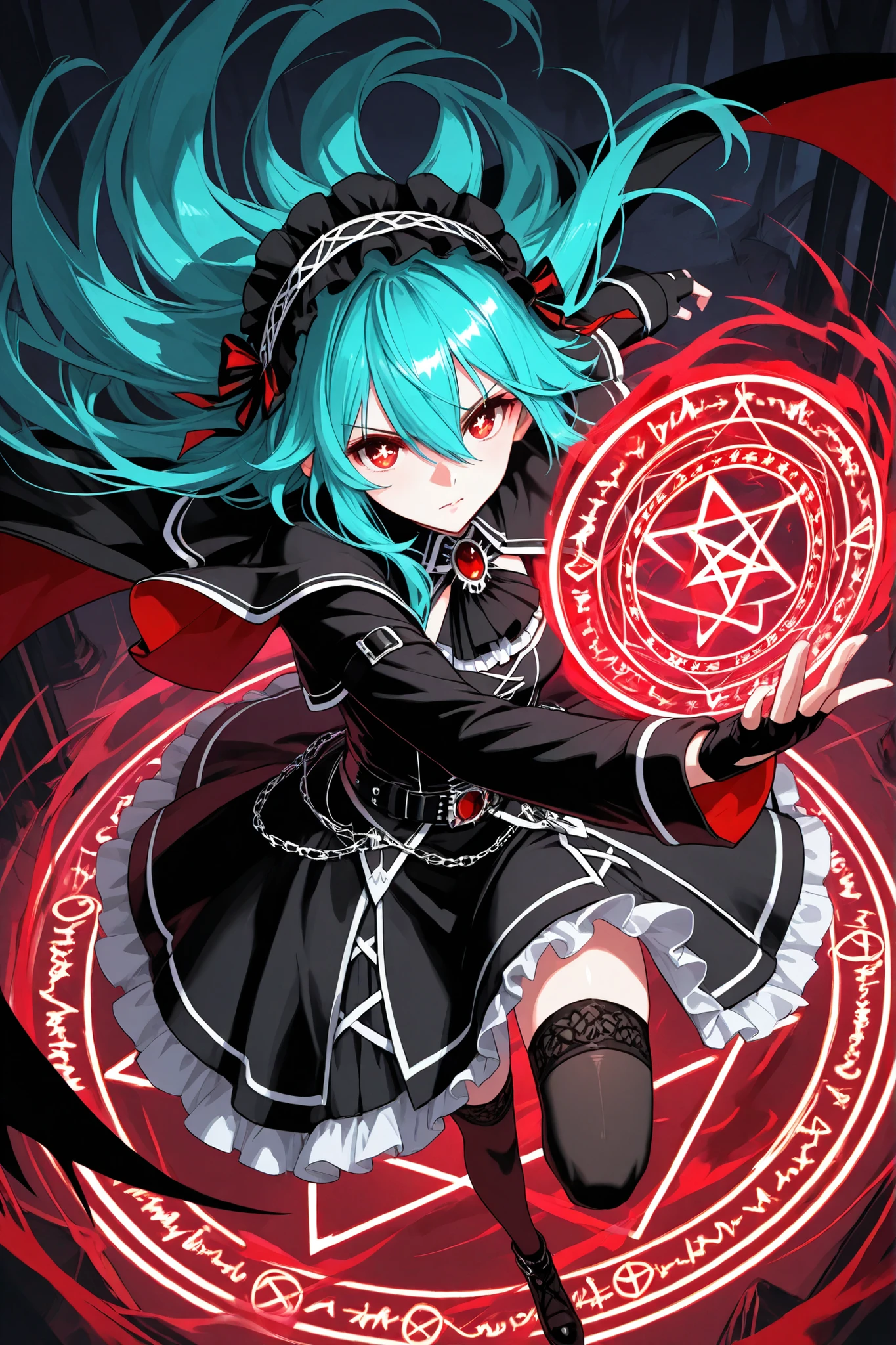 20m-rft45, cross-shaped_pupils, symbol-shaped_pupils, aqua hair, long hair, 1girl, red eyes, black dress, bangs, long sleeves, black capelet, hair between eyes, jewelry, belt, black thighhighs, thighhighs, fingerless gloves, headdress,eyesHD,high gradient eyes,detailed eyes,high definition eyes,Vampire queen, dynamic pose, summoning a huge magic circle, magic circle with pentagram, red magic circle, magic circle made of blood, powerful, gothic clothes, beautiful, magnificent, detailed, high quality, high resolution, focus on details