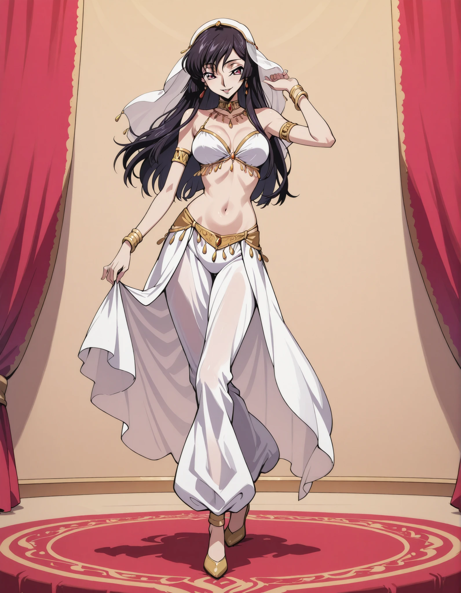 (1girl:1 . 5) , (Seul:1 . 5) , score_9 , score_8_haut , score_7_haut , source_anime , Official work , ultra-detailed , masterpiece , best quality selfie snapshot , high resolution , beaux yeux , detailed eyes , detailed face , beautiful detailed eyes ,Code Geass,Sakuya Sumeragi,Arabian Clothes , Arabian Dancer ,belly dancer costume ,full body,golden jewelery,armlet, belly dancing,arabian theater,seductive smile, dancing with veil, dynamic movement,dance posture, seductive pose