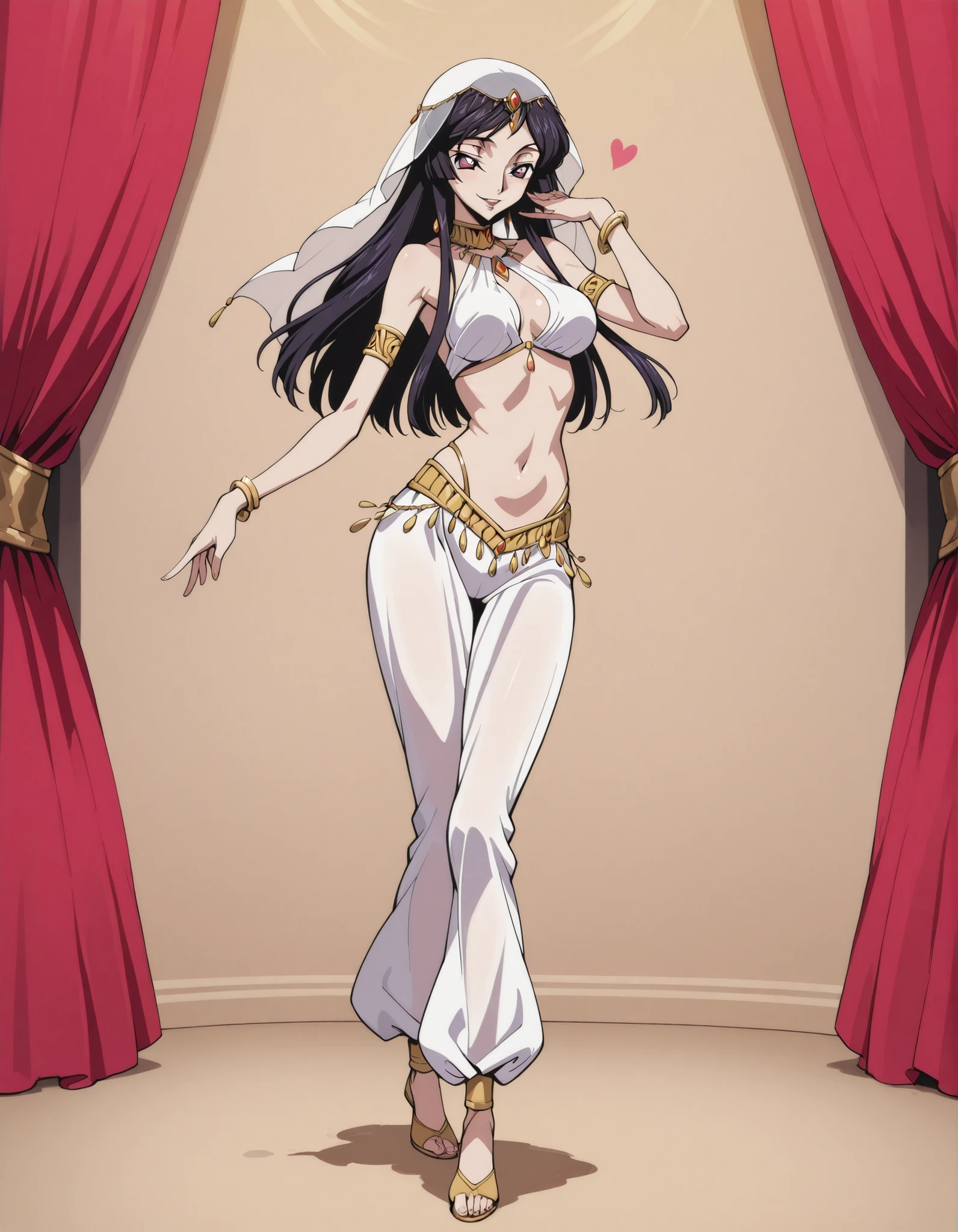 (1girl:1 . 5) , (Seul:1 . 5) , score_9 , score_8_haut , score_7_haut , source_anime , Official work , ultra-detailed , masterpiece , best quality selfie snapshot , high resolution , beaux yeux , detailed eyes , detailed face , beautiful detailed eyes ,Code Geass,Sakuya Sumeragi,Arabian Clothes , Arabian Dancer ,belly dancer costume ,full body,golden jewelery,armlet, belly dancing,arabian theater,seductive smile, dancing with veil, dynamic movement,dance posture, seductive pose