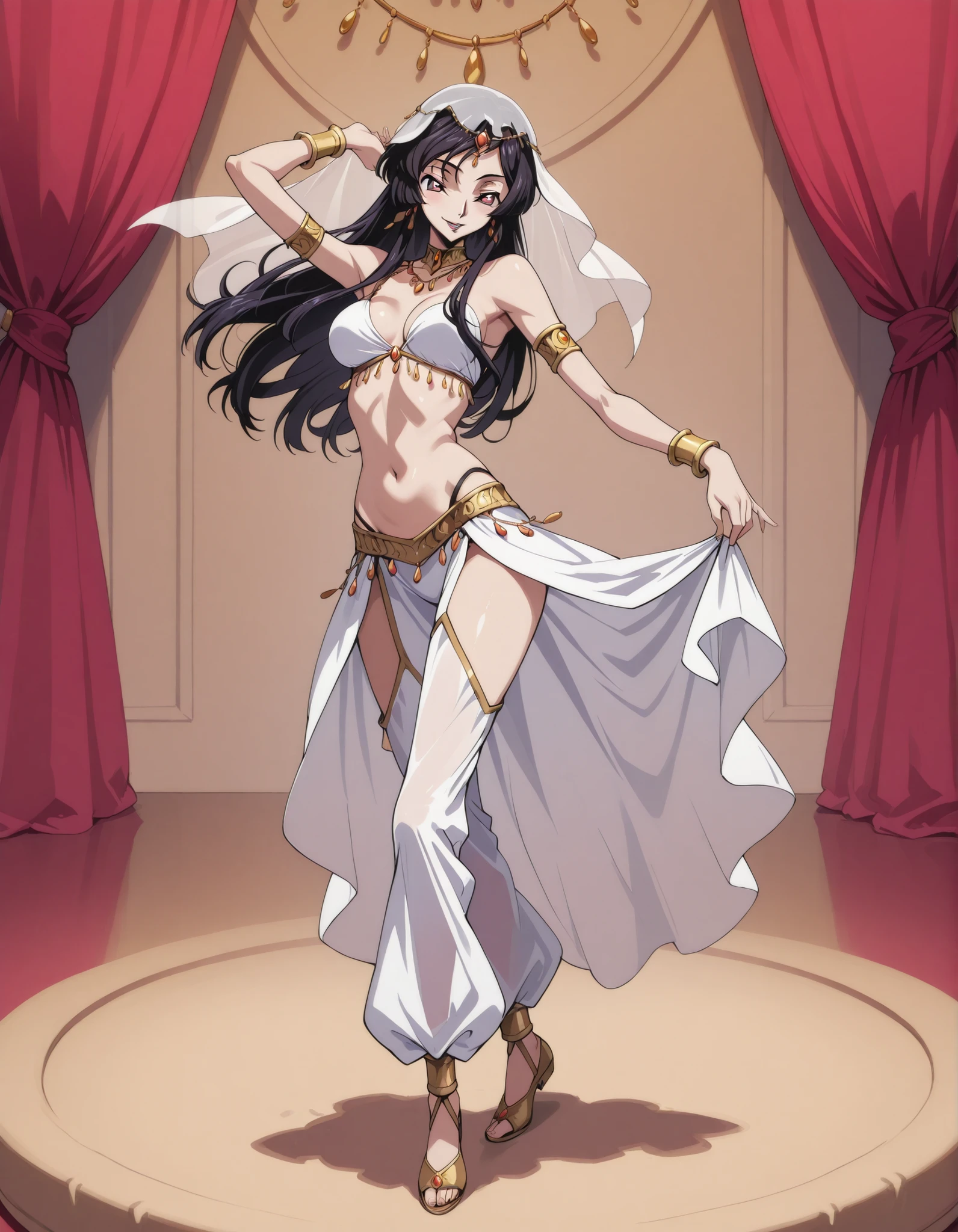 (1girl:1 . 5) , (Seul:1 . 5) , score_9 , score_8_haut , score_7_haut , source_anime , Official work , ultra-detailed , masterpiece , best quality selfie snapshot , high resolution , beaux yeux , detailed eyes , detailed face , beautiful detailed eyes ,Code Geass,Sakuya Sumeragi,Arabian Clothes , Arabian Dancer ,belly dancer costume ,full body,golden jewelery,armlet, belly dancing,arabian theater,seductive smile, dancing with veil, dynamic movement,dance posture, seductive pose