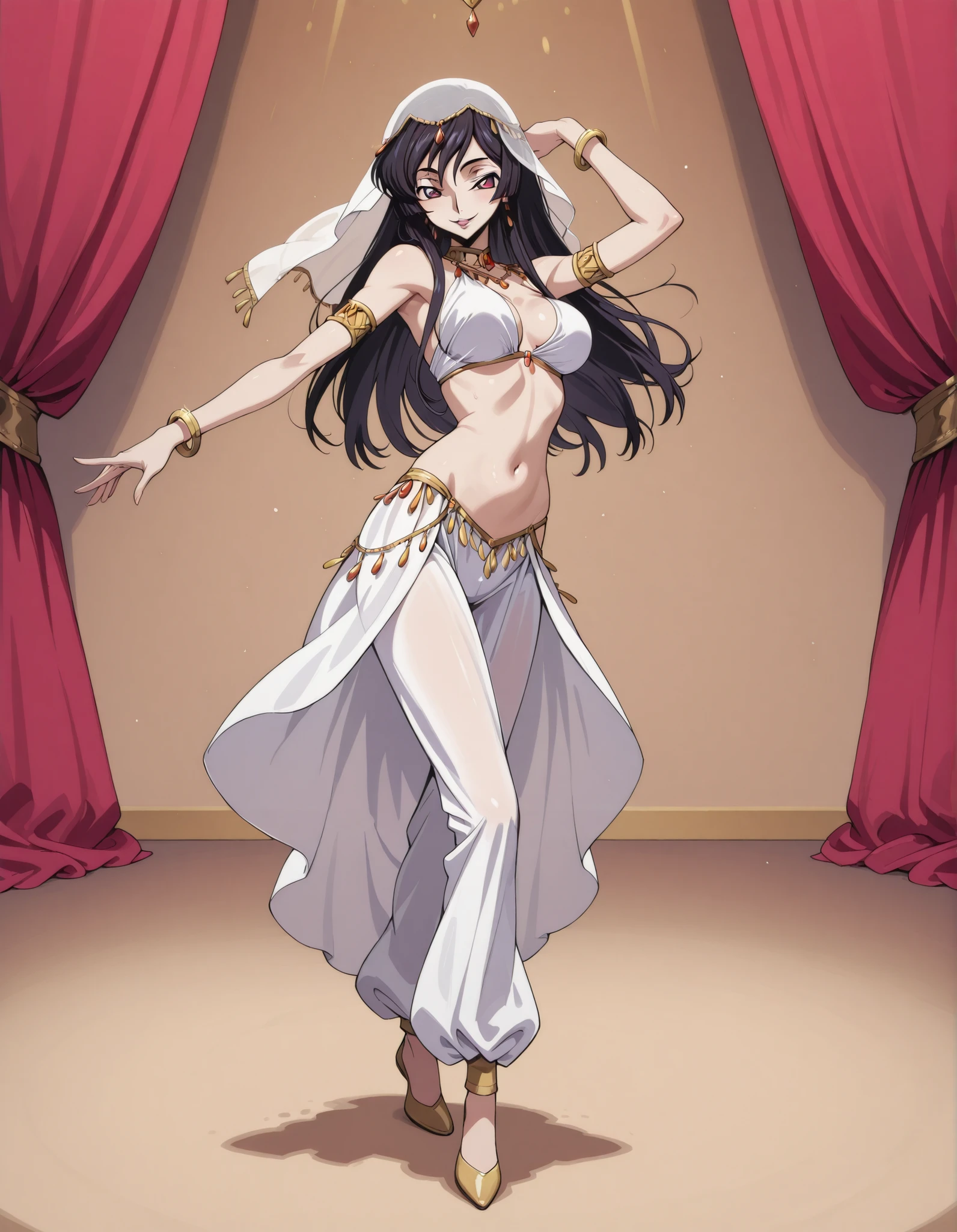 (1girl:1 . 5) , (Seul:1 . 5) , score_9 , score_8_haut , score_7_haut , source_anime , Official work , ultra-detailed , masterpiece , best quality selfie snapshot , high resolution , beaux yeux , detailed eyes , detailed face , beautiful detailed eyes ,Code Geass,Sakuya Sumeragi,Arabian Clothes , Arabian Dancer ,belly dancer costume ,full body,golden jewelery,armlet, belly dancing,arabian theater,seductive smile, dancing with veil, dynamic movement,dance posture, seductive pose