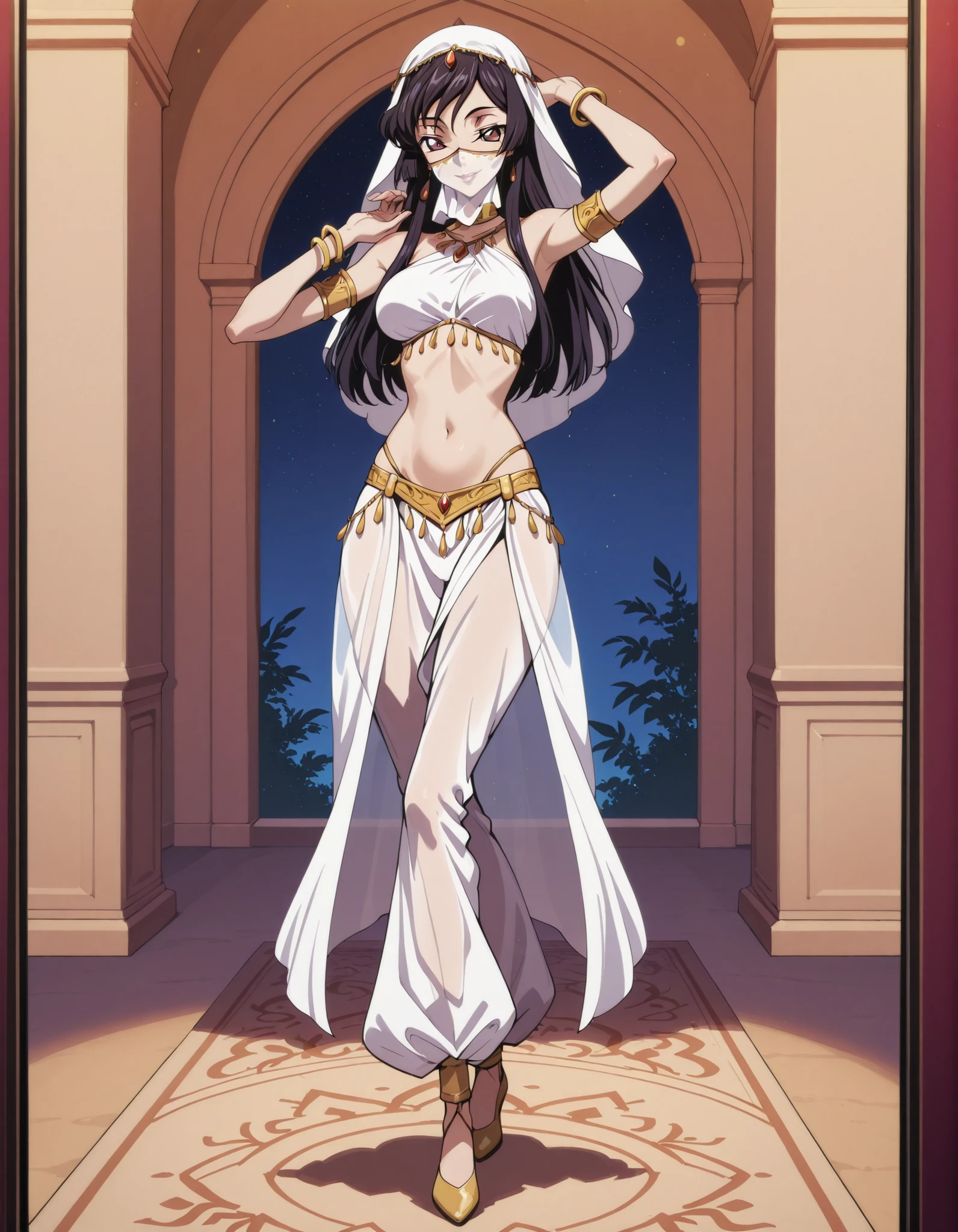 (1girl:1 . 5) , (Seul:1 . 5) , score_9 , score_8_haut , score_7_haut , source_anime , Official work , ultra-detailed , masterpiece , best quality selfie snapshot , high resolution , beaux yeux , detailed eyes , detailed face , beautiful detailed eyes ,Code Geass,Sakuya Sumeragi,Arabian Clothes , Arabian Dancer ,belly dancer costume ,full body,golden jewelery,mouth veil,armlet, belly dancing,night,arabian garden,seductive smile, dancing with veil, dynamic movement,dance posture, seductive pose