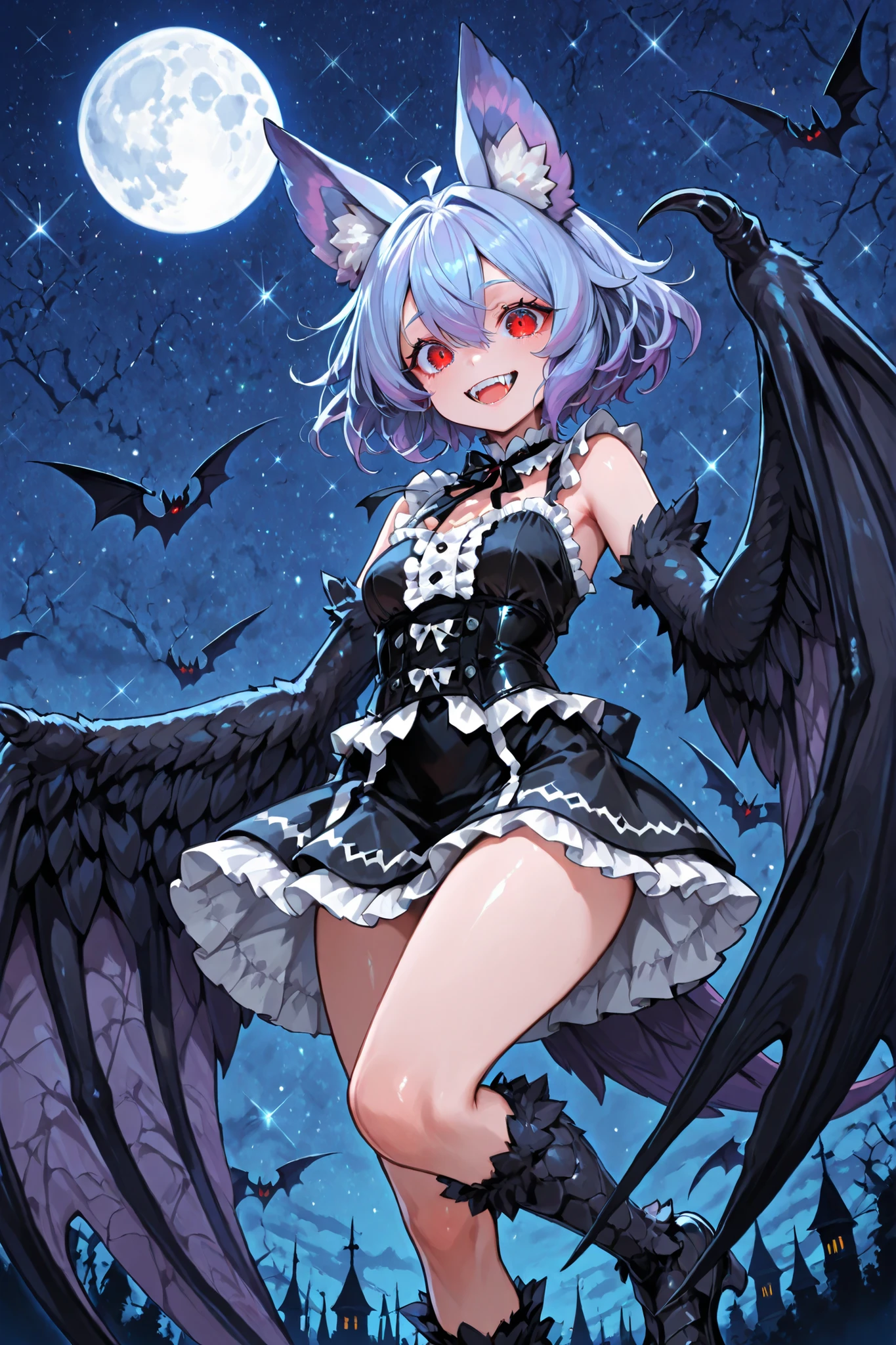 Harpy style girl. Wing arms. Bat wings. Indigo hair. Short hair. Ruffled hair. Animal ears. Red eyes. Large eyes. Vampire teeth. Black dress. White frills. Short skirt. Night sky. Full moon.