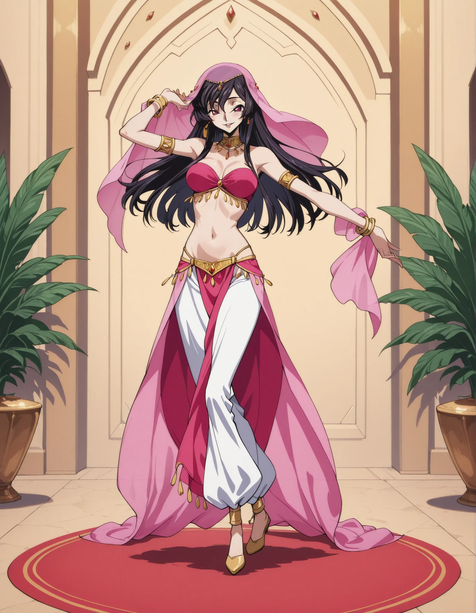 (1girl:1 . 5) , (Seul:1 . 5) , score_9 , score_8_haut , score_7_haut , source_anime , Official work , ultra-detailed , masterpiece , best quality selfie snapshot , high resolution , beaux yeux , detailed eyes , detailed face , beautiful detailed eyes ,Code Geass,Sakuya Sumeragi,Arabian Clothes , Arabian Dancer ,belly dancer costume ,full body,golden jewelery,armlet, belly dancing,arabian garden,seductive smile, dancing with veil, dynamic movement,dance posture, seductive pose