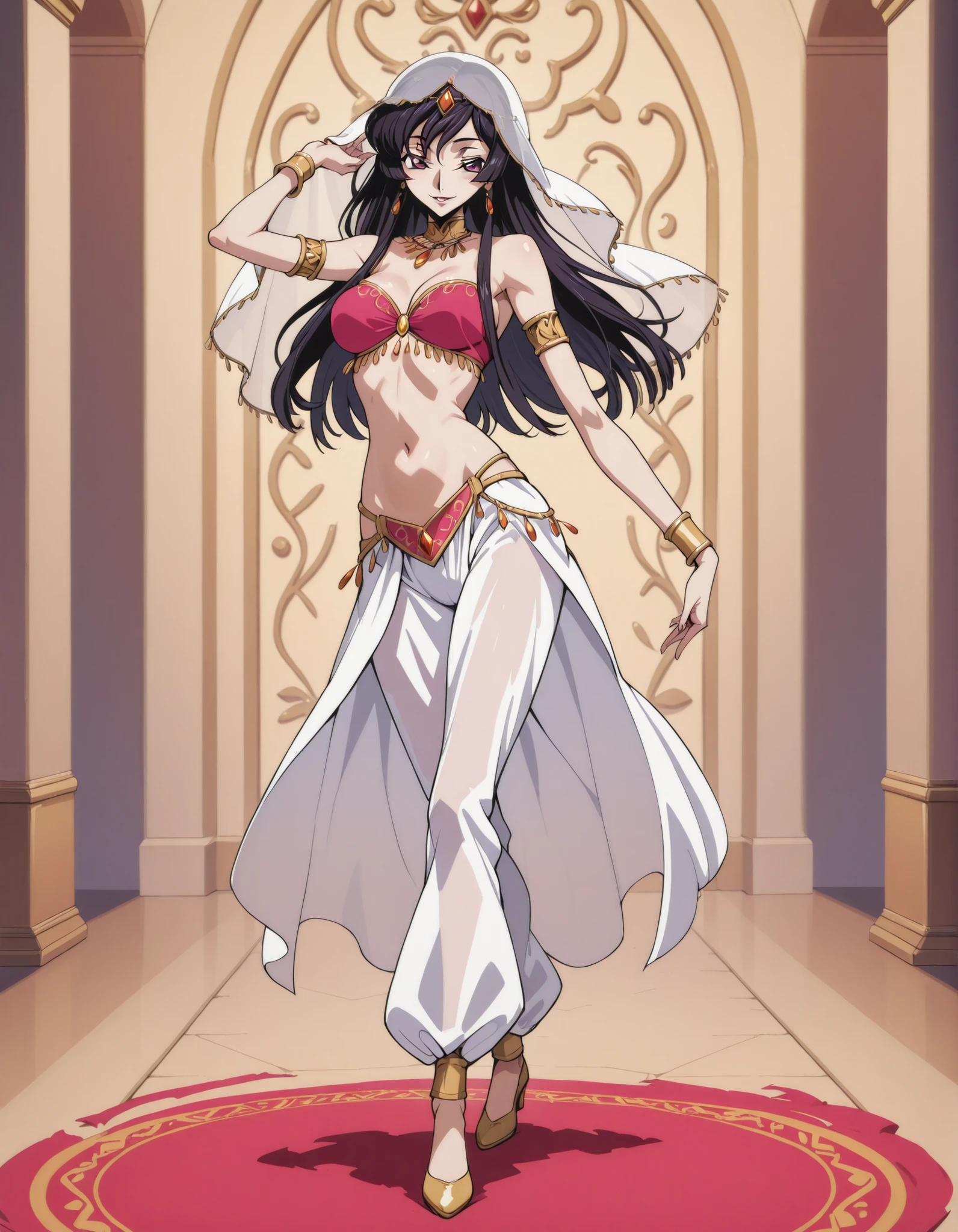 (1girl:1 . 5) , (Seul:1 . 5) , score_9 , score_8_haut , score_7_haut , source_anime , Official work , ultra-detailed , masterpiece , best quality selfie snapshot , high resolution , beaux yeux , detailed eyes , detailed face , beautiful detailed eyes ,Code Geass,Sakuya Sumeragi,Arabian Clothes , Arabian Dancer ,belly dancer costume ,full body,golden jewelery,armlet, belly dancing,arabian garden,seductive smile, dancing with veil, dynamic movement,dance posture, seductive pose