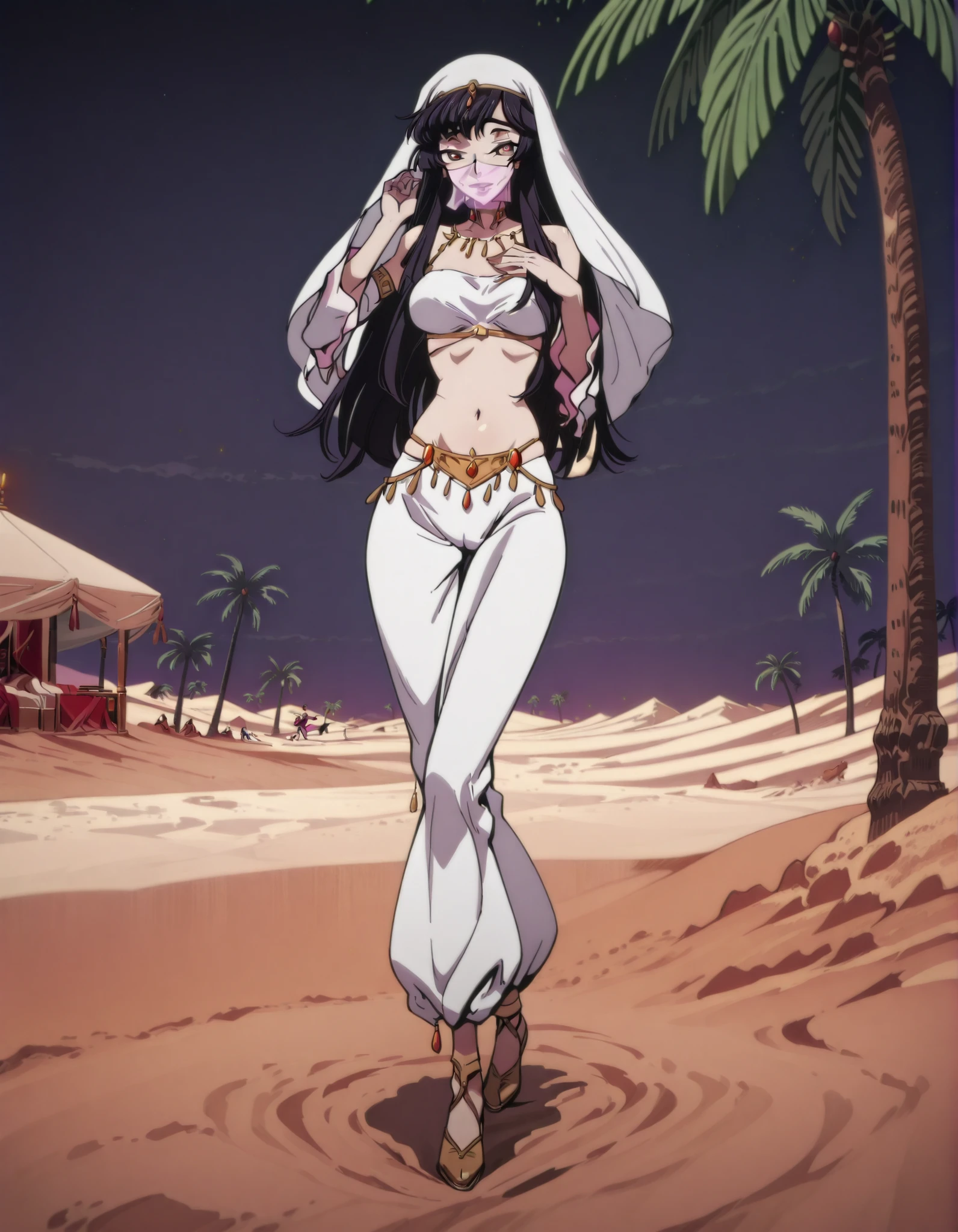 (1girl:1 . 5) , (Seul:1 . 5) , score_9 , score_8_haut , score_7_haut , source_anime , Official work , ultra-detailed , masterpiece , best quality selfie snapshot , high resolution , beaux yeux , detailed eyes , detailed face , beautiful detailed eyes ,Code Geass,Sakuya Sumeragi,Arabian Clothes , Arabian Dancer ,belly dancer costume ,full body,golden jewelery,mouth veil,armlet, belly dancing,night,desert lands,palm tree,seductive smile, dancing with veil, dynamic movement,dance posture, seductive pose