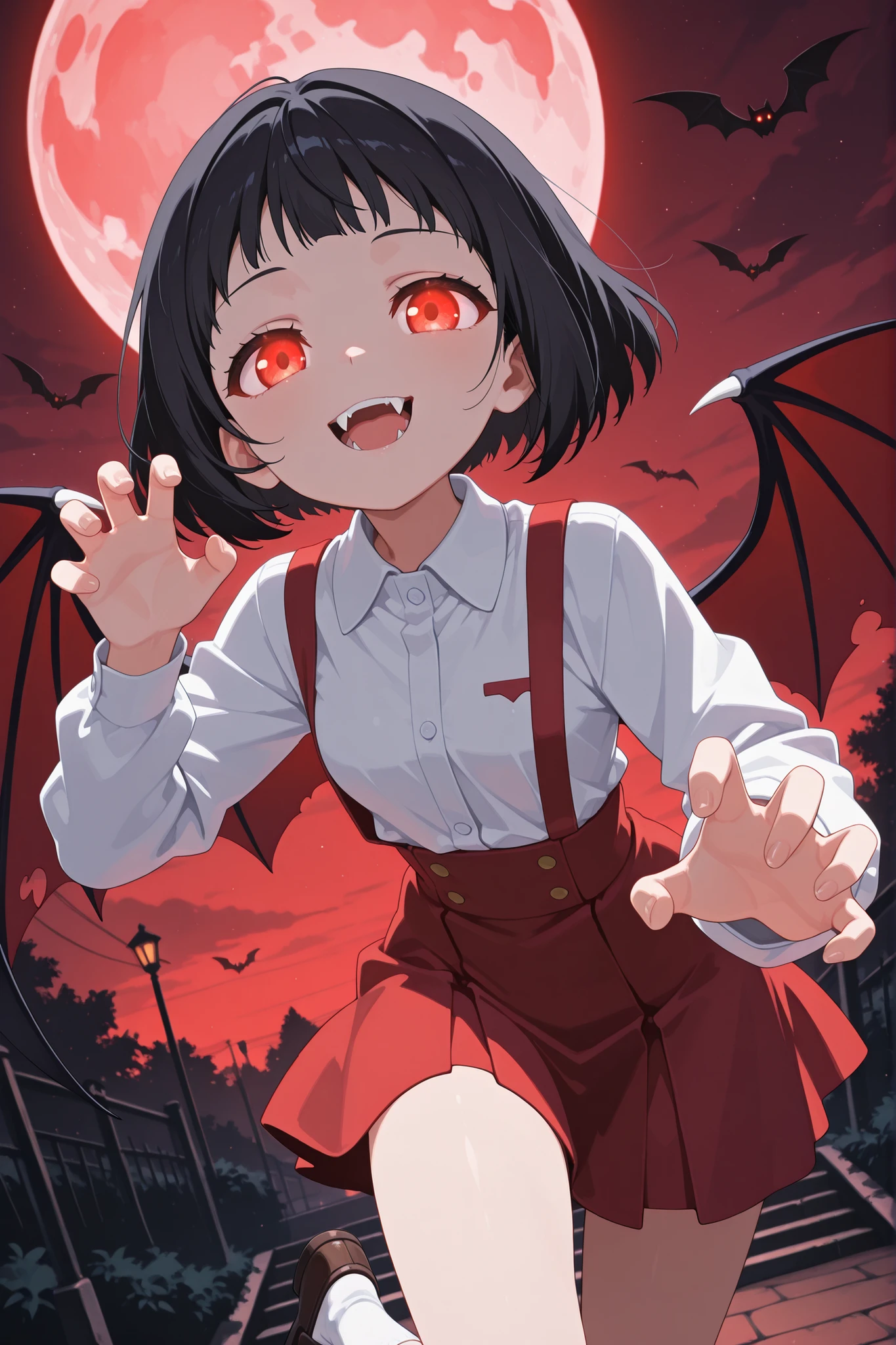 Score_9, Score_8_Up, Score_7_Up, Source_Anime, Hasegawa Hanako, short hair, black hair, brown eyes, small breasts, outdoors, red full moon in the sky, leaning forward, smiling, looking at viewer, solo, cowboy shot, Dutch angle, claw pose, Hiiragi Hanako, short hair, black hair, bangs, glowing eyes, red eyes, shadowed face, open mouth, fangs, vampire wings on back, uniform, collared shirt, white shirt, long sleeves, small breasts, high waist skirt, suspenders, red skirt, thighs, white socks, loafers, seductive and mysterious atmosphere, bat