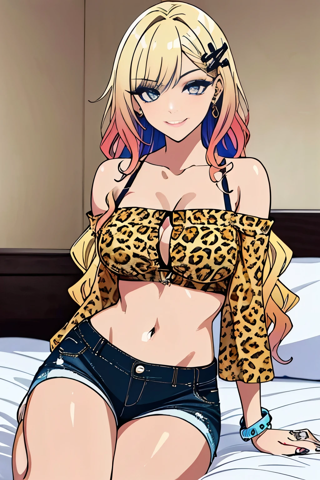 (masterpiece, best quality, high resolution, 8k:1.2), (anime coloring:1.2), highly detailed, sharp detailed, textured skin, soft lighting, ultra high definition, beautiful body, beautiful skin, beautiful breasts, beautiful arms, beautiful hands, beautiful legs, beautiful face, beautiful eyes, symmetrical eyes, (slim, lanky), (1 girl), (tanned skin:1.1), (gal makeup, false eyelashes, gradient eyeshadow), (blonde hair, long hair, wavy hair, hair ornament), (fingernails, nail polish), (collarbone, tattoo, off shoulder, leopard print, navel, shorts, bracelet, jewelry, gal fashion), (room, bed, sitting, smile), smile, looking at viewer, dutch angle, soft gradient eyeshadow, subtle fine shimmer, seamless blend, two-tone layered eyeshadow technique,