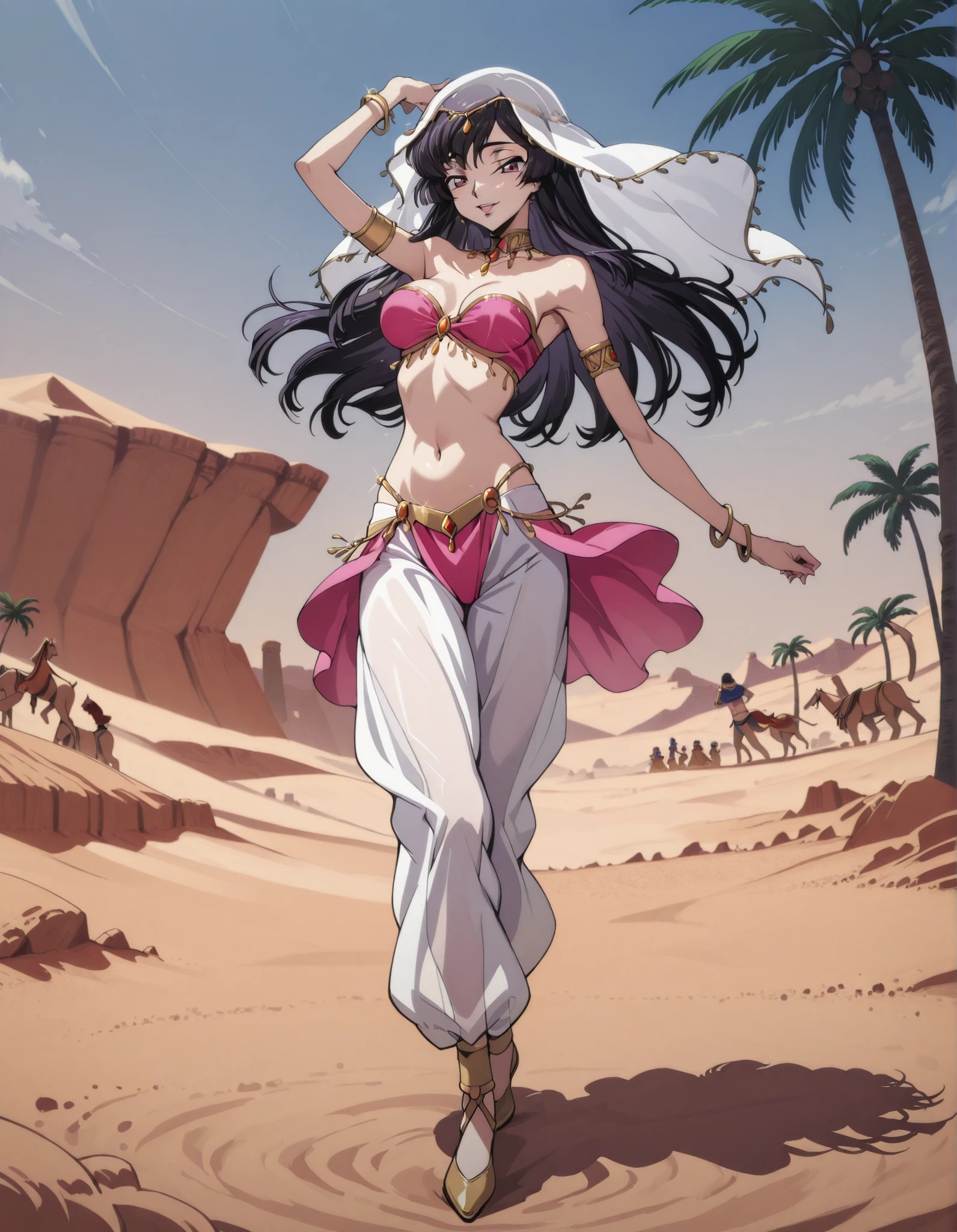 (1girl:1 . 5) , (Seul:1 . 5) , score_9 , score_8_haut , score_7_haut , source_anime , Official work , ultra-detailed , masterpiece , best quality selfie snapshot , high resolution , beaux yeux , detailed eyes , detailed face , beautiful detailed eyes ,Code Geass,Sakuya Sumeragi,Arabian Clothes , Arabian Dancer ,belly dancer costume ,full body,golden jewelery,armlet, belly dancing,desert lands,palm tree,seductive smile, dancing with veil, dynamic movement,dance posture, seductive pose