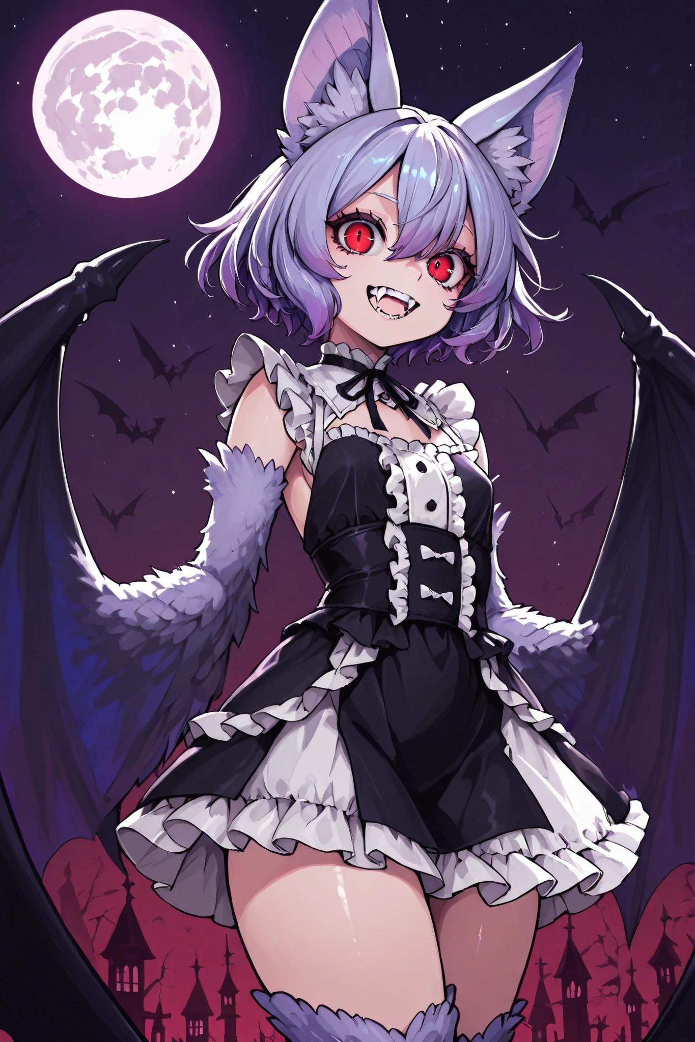 Harpy style girl. Wing arms. Bat wings. Indigo hair. Short hair. Ruffled hair. Animal ears. Red eyes. Large eyes. Vampire teeth. Black dress. White frills. Short skirt. Night sky. Full moon.