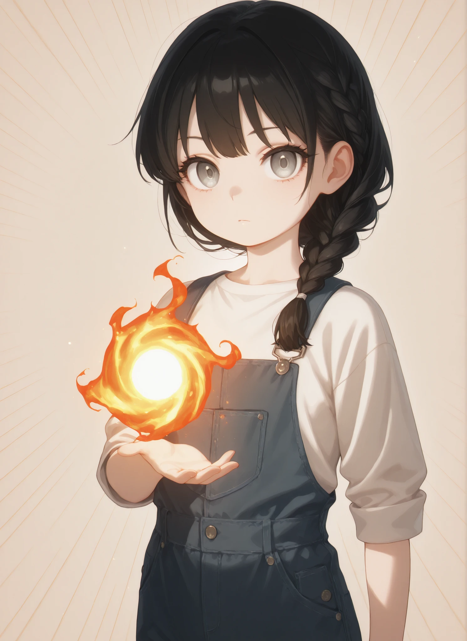Masterpiece, Best Quality, Newest, Safe, Good Anatomy, Good Resolution, Good Lighting. Beautiful, Anime, Normal. Girl, Black Hair, Hairstyle, One Braid. Light Gray Eyes. Black Eyelashes, Fair Skin. Adorable, She is 8 Years Old, Height 1'28 cm. Looking at Viewer, Alone, Background: Simple Beige Color. Wearing Clothing: White Shirt, Overalls. Defensive Posture. Rune-Based Magic: Traces of runic light, flashes of magical activation, swirls of energy, glowing holy signs, fiery runic seals.