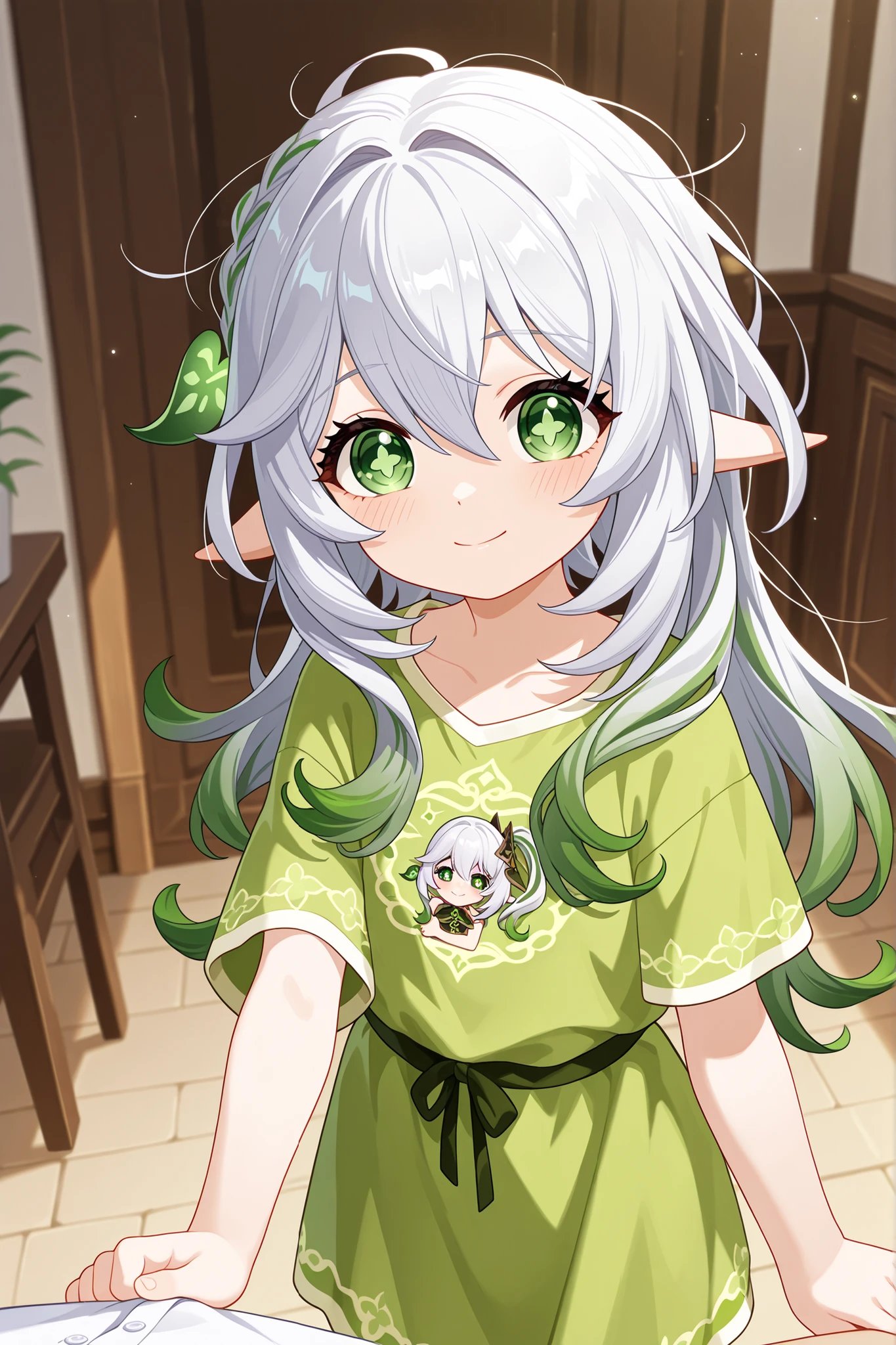 nahida, my nahida, genshin,Shy, smiling, messy hair, casual clothes