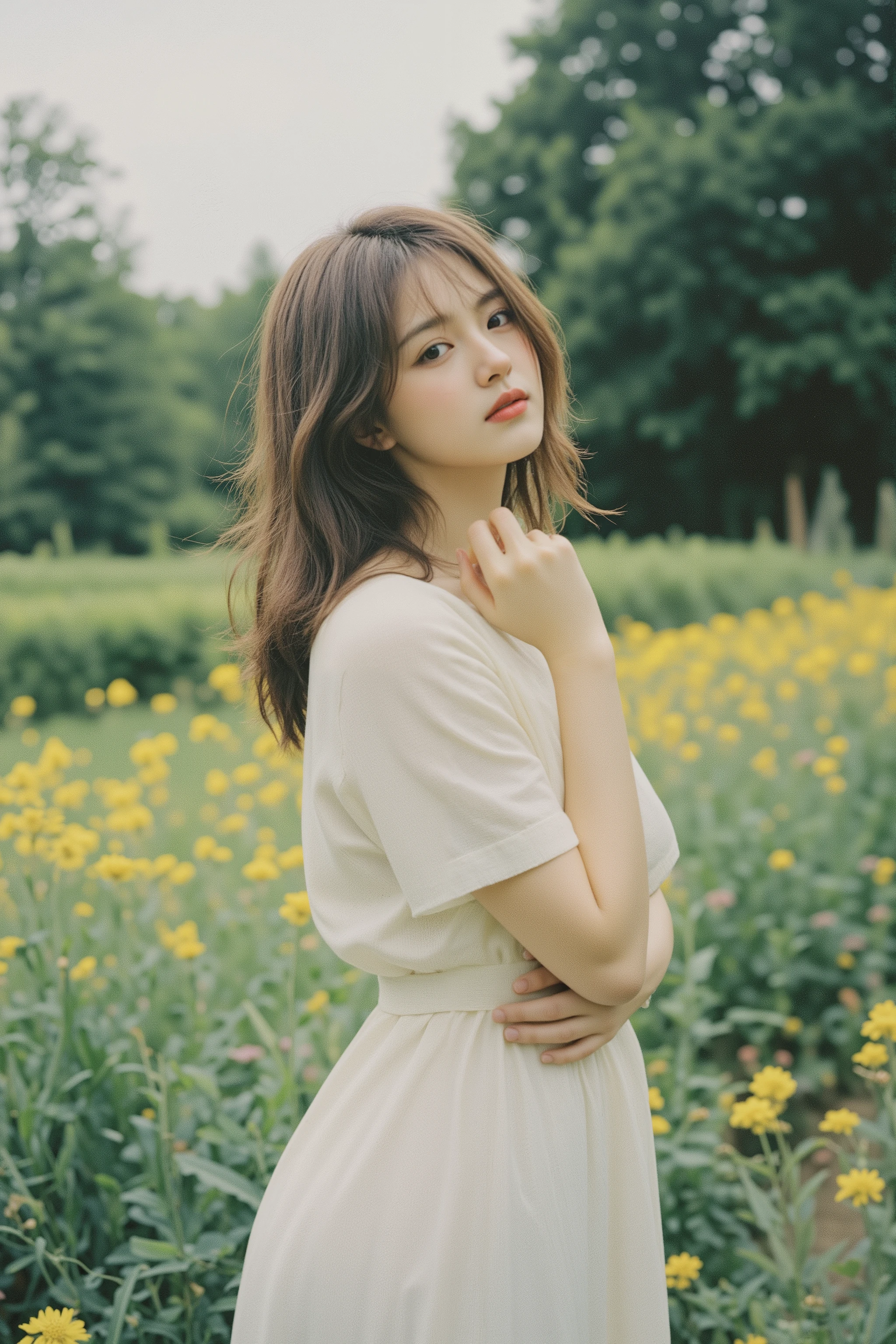 A Picture in a Nostalgic Garden、A Woman Surrounded by Greenery、Color Expression in the Style of an Old Photograph、soft sunlight、Transparent skin expression、hair fluttering in the wind、A Moment in My Memories、Tranquility as if Time Stopped、emotional light production