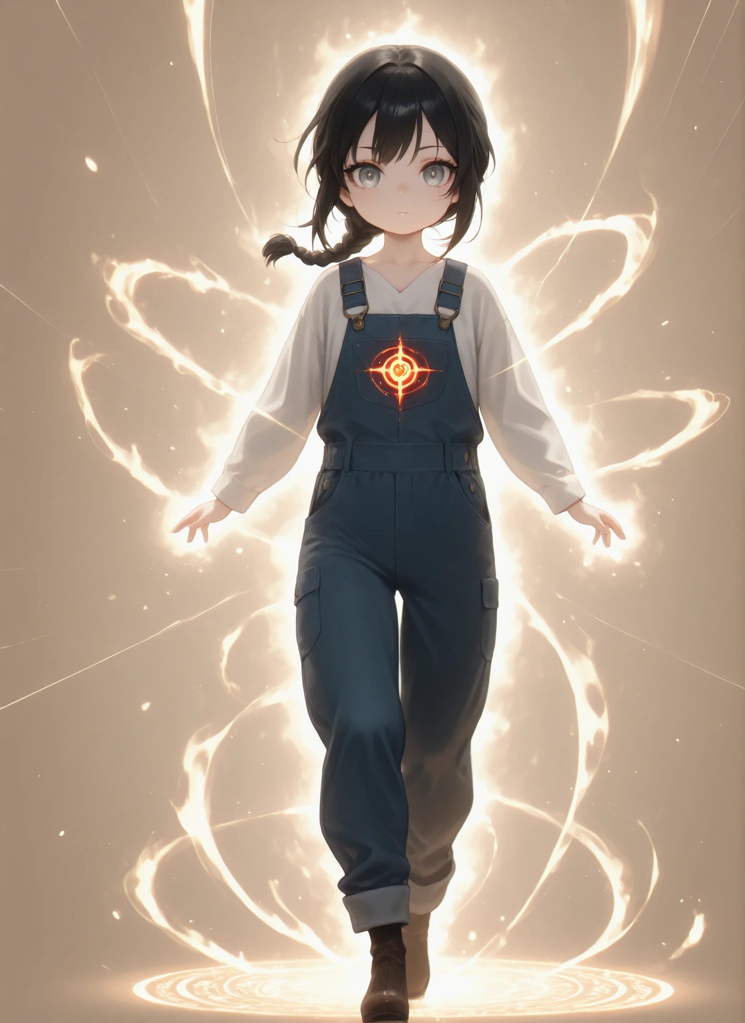 Masterpiece, Best Quality, Newest, Safe, Good Anatomy, Good Resolution, Good Lighting. Beautiful, Anime, Normal. Girl, Black Hair, Hairstyle, One Braid. Light Gray Eyes. Black Eyelashes, Fair Skin. Adorable, She is 8 Years Old, Height 1'28 cm. Looking at Viewer, Alone, Background: Simple Beige Color. Wearing Clothing: White Shirt, Overalls. Defensive Posture. Rune-Based Magic: Traces of runic light, flashes of magical activation, swirls of energy, glowing holy signs, fiery runic seals.
