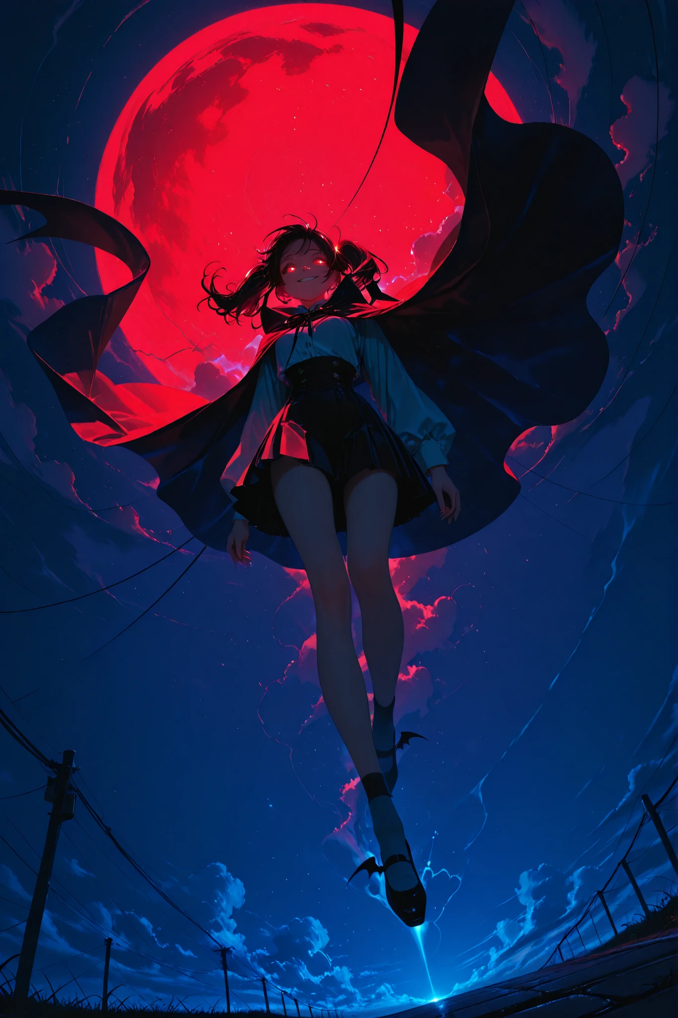 a vampire girl with long black twin tails, flying in midair, (viewed from below:1.2), dutch angle, dynamic composition, energetic pose, hair fluttering, oversized cape billowing dramatically, confident sinister smile, glowing eyes,background with a reddish tint, eerie and stylish atmosphere, dramatic lighting, (high detail, masterpiece, best quality), vivid contrast, sharp focus,(detailed beautiful face)
