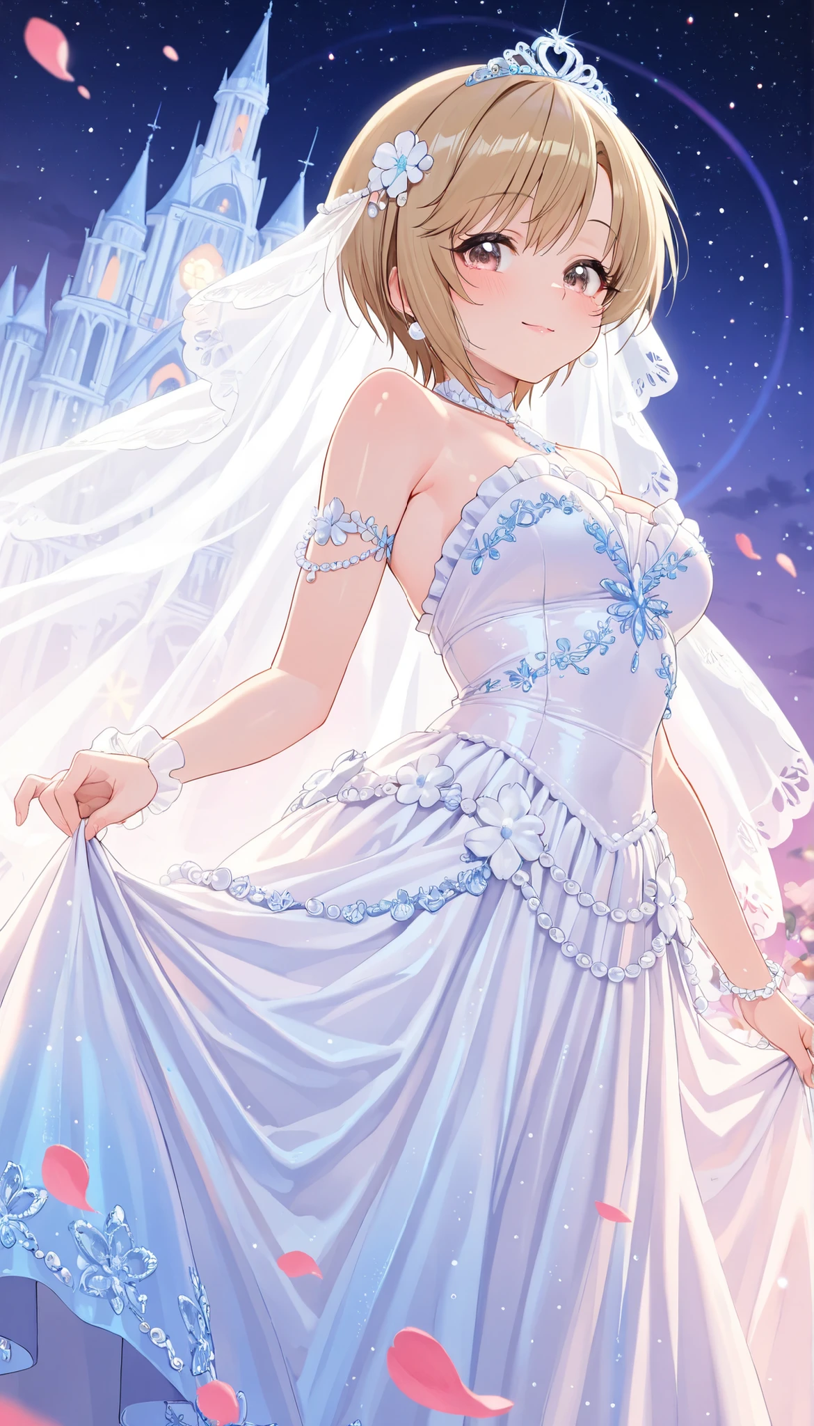 (Best Quality, super detailed, masterpiece, 8k, 16k, Wallpaper, Anatomically correct, fine detailed skin, fine detailed eyes, fine detailed hands, Accurate hands), beautiful night plain, starry sky, hight brightness, hight contrast, dazzlin light, 1 girl Standing against the backdrop of a (beautiful cinderella castle), (aiba yumi), medium chest, pink lips, light-smile, solo, Gentle Pose, fantasy art, ((white pearl princess dress)), ((beautiful fluffy long dress with intricate and detailed embroidery)), lots of frills and lace clothes, shiny glossy gradient iridescent clothes, princess tiara, earrings, hair ornaments, (beautiful long eyelashes), flower petals, White clothing, Colorful light particles, detailed background, Depth of Field, bokeh, moya, lens flare, film reflections, a fantastic atmosphere, neon_silhouette