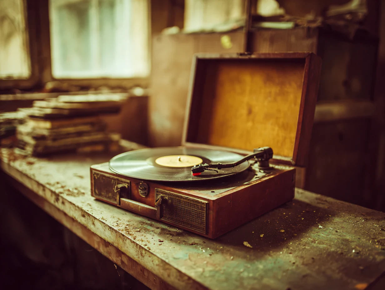 Generate a vintage still life photograph: in a corner of a dusty loft,record The pin on the plane is parked in the center of the vinyl record {x} The background is debris piled up with yellowed books and faded photographs {x} An old wooden record player stands quietly by a mottled window sill。
The main focus: The sun passes through a narrow glass window, Forming a beam of light ,illuminates the particles floating in the air,and falls right on the record player。Mainly soft warm yellow and tan,seems to be waiting to be re-awakened。
background environment: This is a close-up of a still life taken from a low angle,creates a fuzzy and warm atmosphere through a shallow depth of field。
color and texture: focusing all the attention on the record,low color saturation,has the natural graininess of film photography。 Outstanding Light and Shadow ,The light beam contrasts strongly with the shadows,creates a kind of forgotten by time、An atmosphere full of serenity and loneliness。
technical parameters: picture, extremely shallow depth of field ,focuses all the focus on the record player,uses a soft-focus lens,style references the retro still-life photography aesthetic of Saul Leiter and William Eggleston。High quality, professional photography, film grain texture, nostalgic atmosphere.
