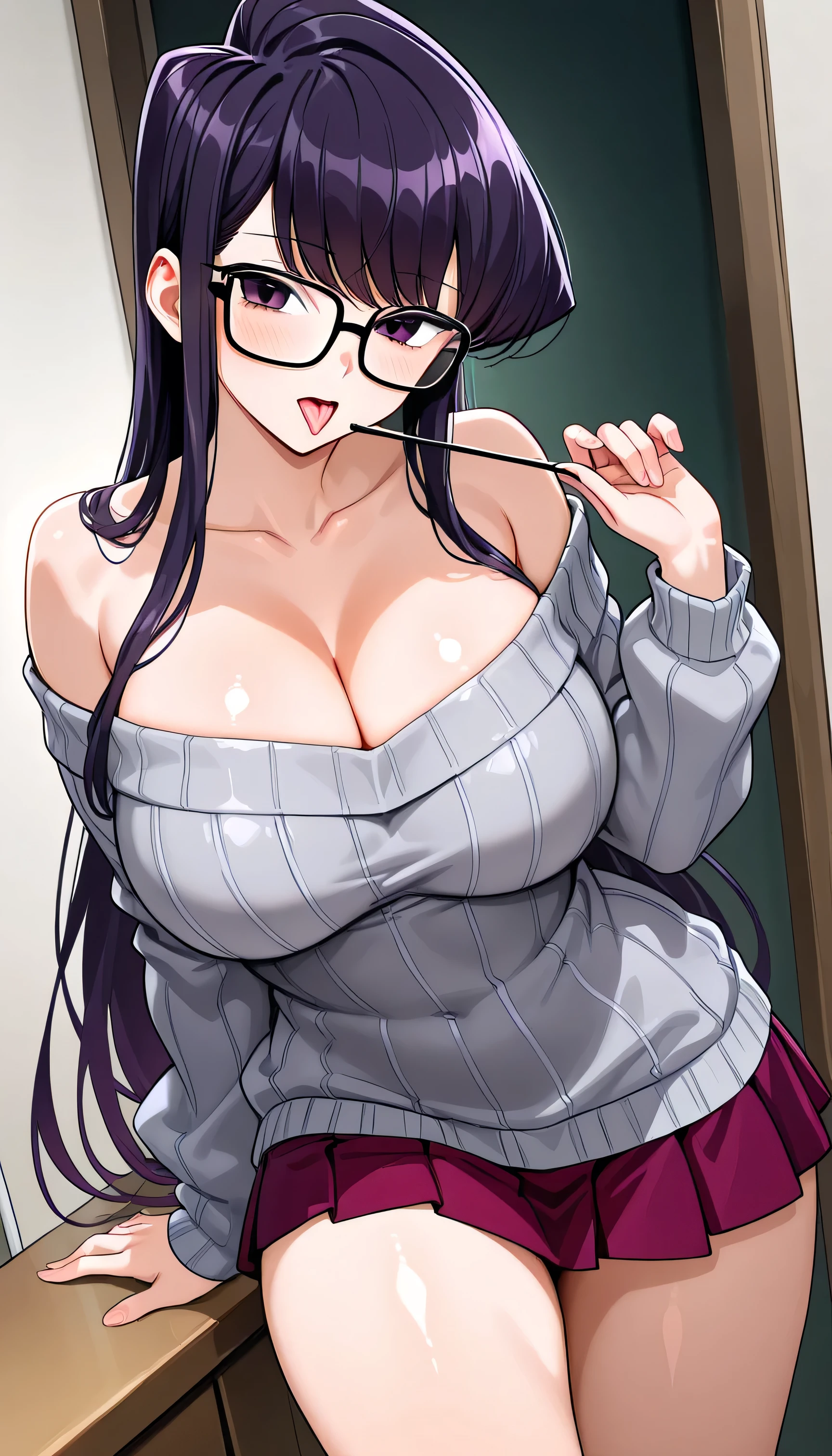  Komi Shouko , dxd, long purple hair, Short GRAY sweater with bare shoulders , cleavage showing her big breasts and a very short skirt like a PINK schoolgirl wearing sexy glasses while sticking out her flirty tongue.