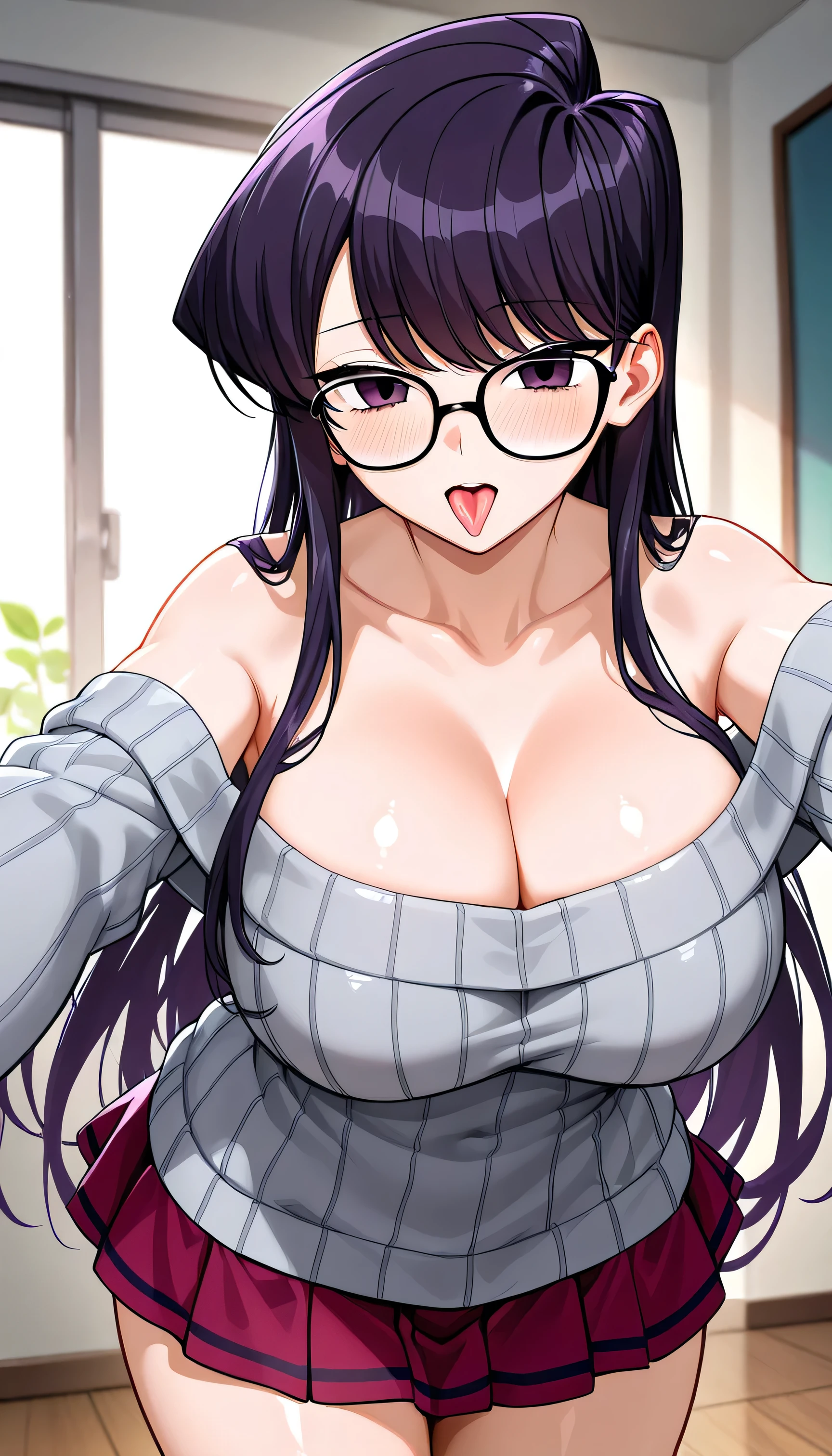 Komi Shouko , dxd, long purple hair, Short GRAY sweater with bare shoulders , cleavage showing her big breasts and a very short skirt like a PINK schoolgirl wearing sexy glasses while sticking out her flirty tongue.