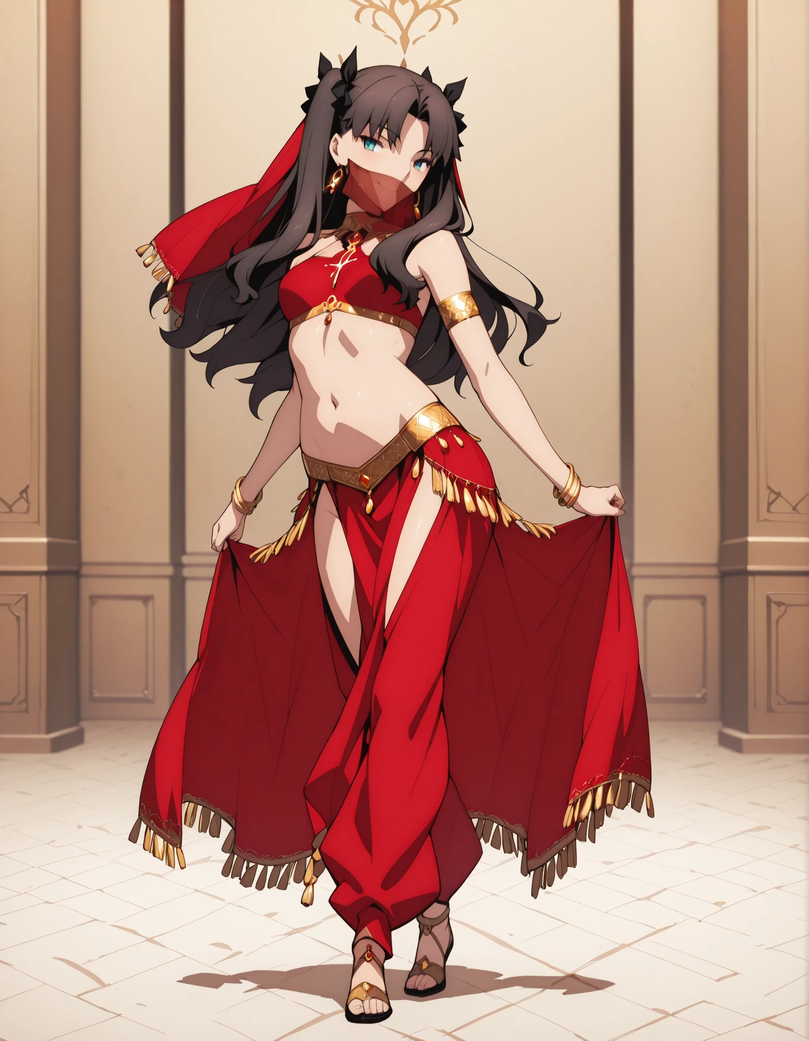 (1girl:1 . 5) , (Seul:1 . 5) , score_9 , score_8_haut , score_7_haut , source_anime , Official work  , ultra-detailed , masterpiece , best quality selfie snapshot , high resolution , beaux yeux , detailed eyes , detailed face , beautiful detailed eyes ,Fate,Tohsaka Rin,Arabian Clothes , Arabian Dancer ,belly dancer costume ,full body,golden jewelery,mouth veil,armlet, belly dancing,arabian theater,seductive smile, dancing with veil, dynamic movement,dance posture, seductive pose