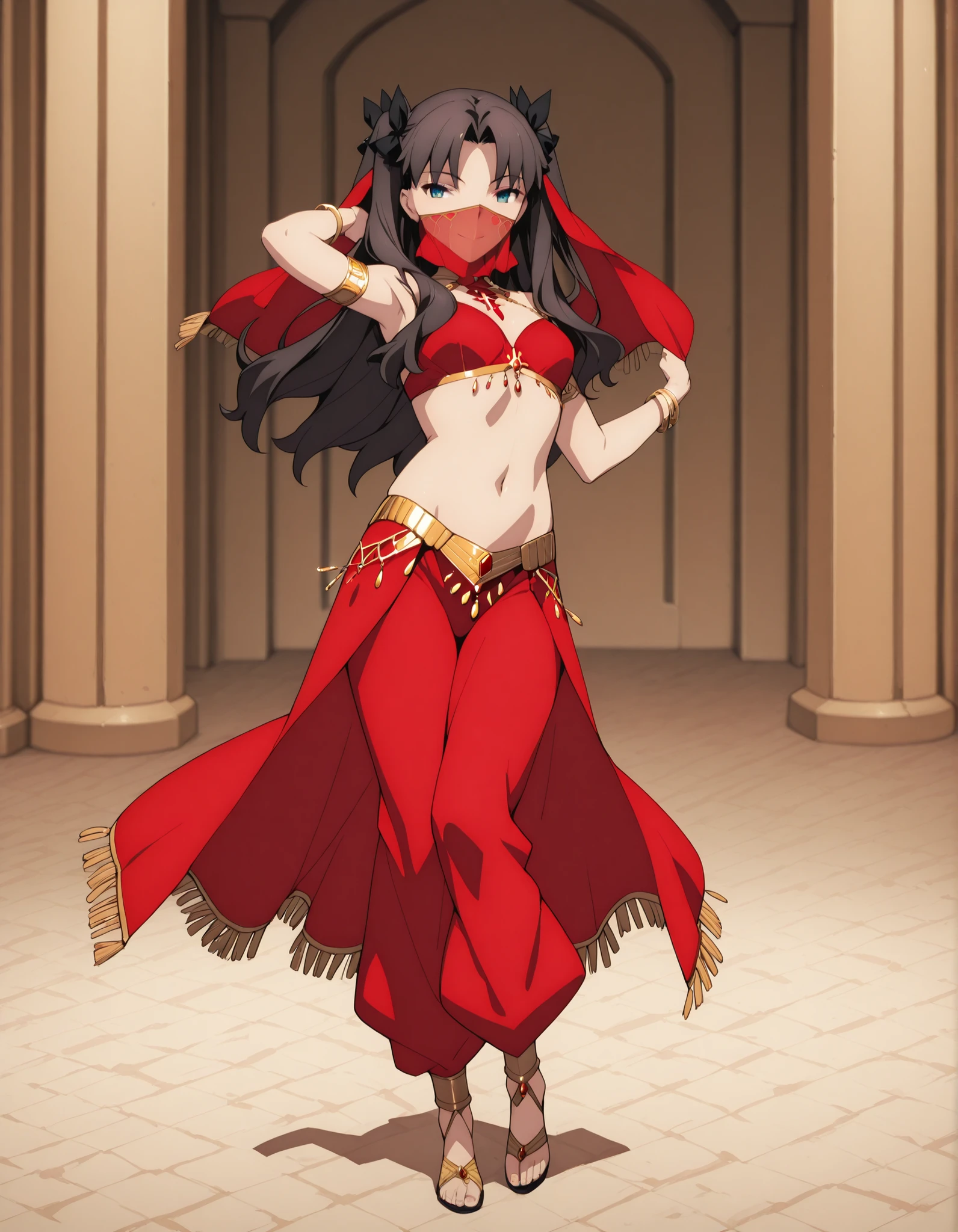 (1girl:1 . 5) , (Seul:1 . 5) , score_9 , score_8_haut , score_7_haut , source_anime , Official work  , ultra-detailed , masterpiece , best quality selfie snapshot , high resolution , beaux yeux , detailed eyes , detailed face , beautiful detailed eyes ,Fate,Tohsaka Rin,Arabian Clothes , Arabian Dancer ,belly dancer costume ,full body,golden jewelery,mouth veil,armlet, belly dancing,arabian theater,seductive smile, dancing with veil, dynamic movement,dance posture, seductive pose