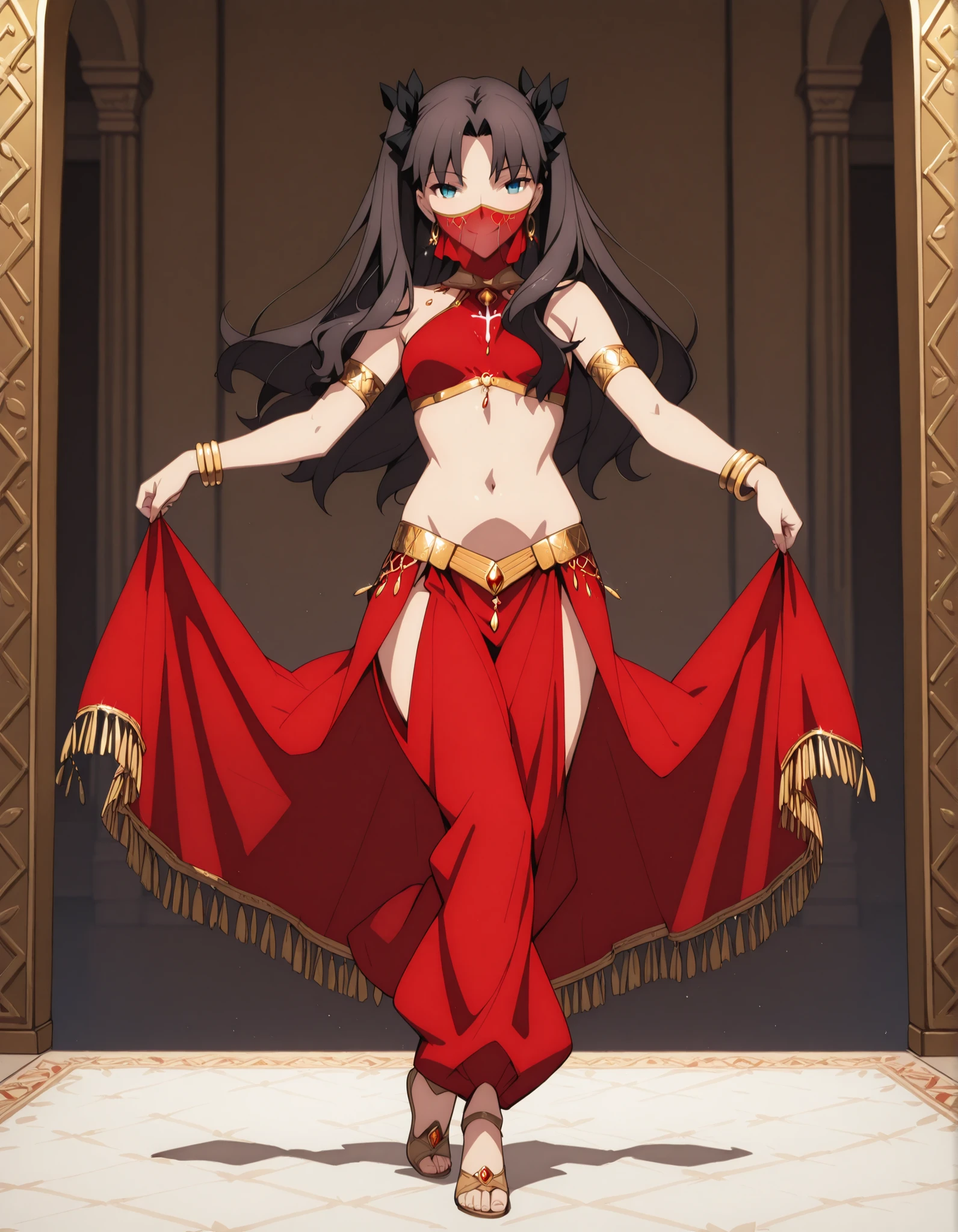 (1girl:1 . 5) , (Seul:1 . 5) , score_9 , score_8_haut , score_7_haut , source_anime , Official work  , ultra-detailed , masterpiece , best quality selfie snapshot , high resolution , beaux yeux , detailed eyes , detailed face , beautiful detailed eyes ,Fate,Tohsaka Rin,Arabian Clothes , Arabian Dancer ,belly dancer costume ,full body,golden jewelery,mouth veil,armlet, belly dancing,arabian theater,seductive smile, dancing with veil, dynamic movement,dance posture, seductive pose