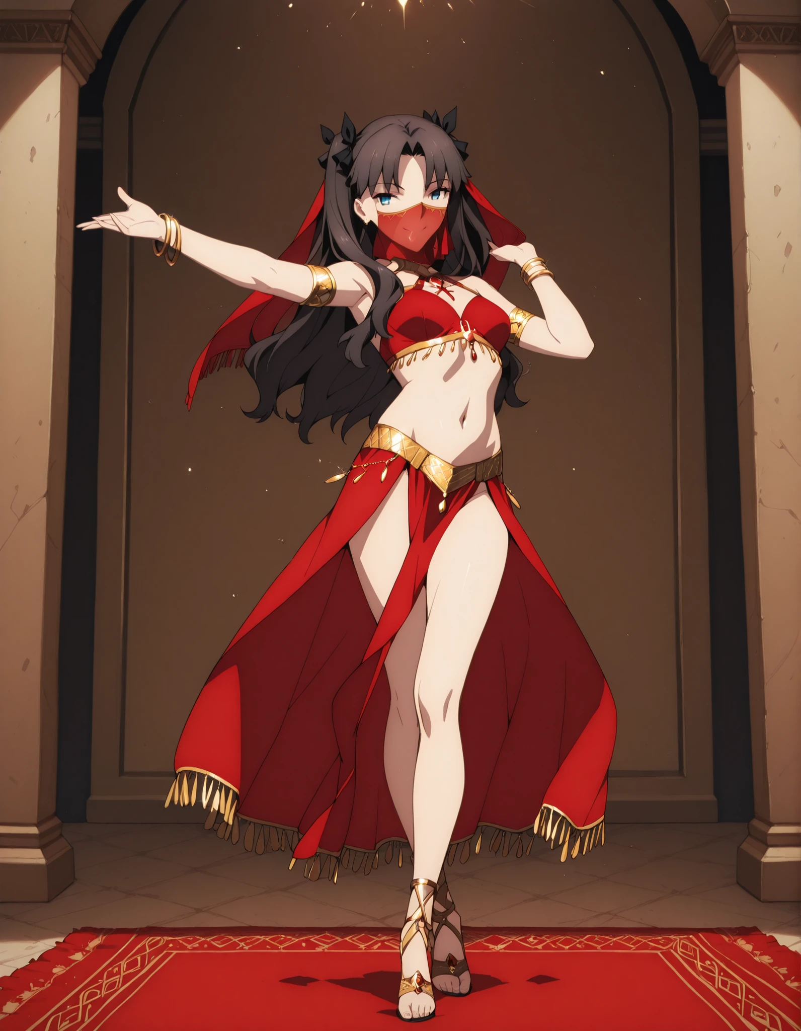 (1girl:1 . 5) , (Seul:1 . 5) , score_9 , score_8_haut , score_7_haut , source_anime , Official work  , ultra-detailed , masterpiece , best quality selfie snapshot , high resolution , beaux yeux , detailed eyes , detailed face , beautiful detailed eyes ,Fate,Tohsaka Rin,Arabian Clothes , Arabian Dancer ,belly dancer costume ,full body,golden jewelery,mouth veil,armlet, belly dancing,arabian theater,seductive smile, dancing with veil, dynamic movement,dance posture, seductive pose