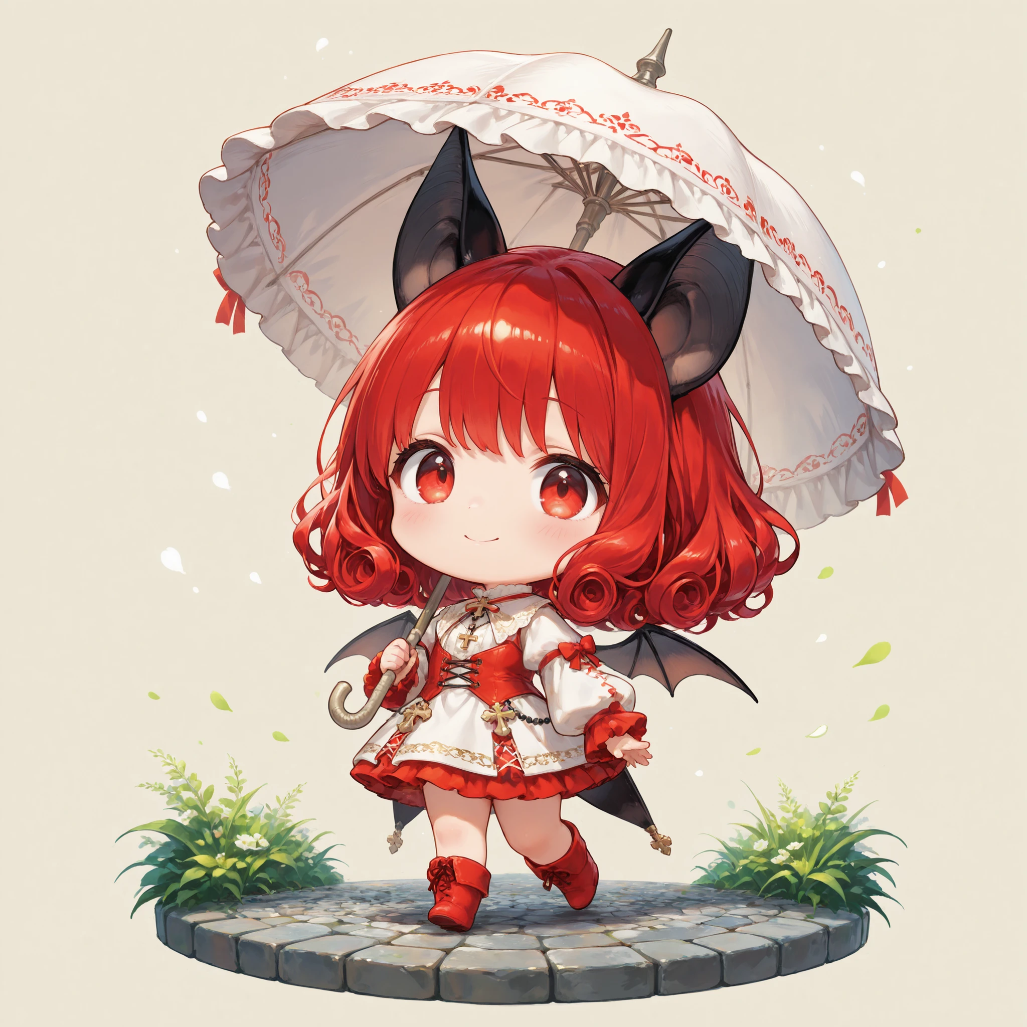 Cute,chibi,masterpiece、Highest Quality、Ultra Detailed 、(1 person)、2.5 heads tall、Walking Bat Girl、black bat ears、bat wings on the back、red eyes、Concealed Hair、Red Curly Hair、Whiplump thighs 、Smile Yan、White and Red Idol Outfit、Red Boots、Open a White Parasol、 Rosary 、noon、Stone Streets、Cobblestone、Medieval European Style、