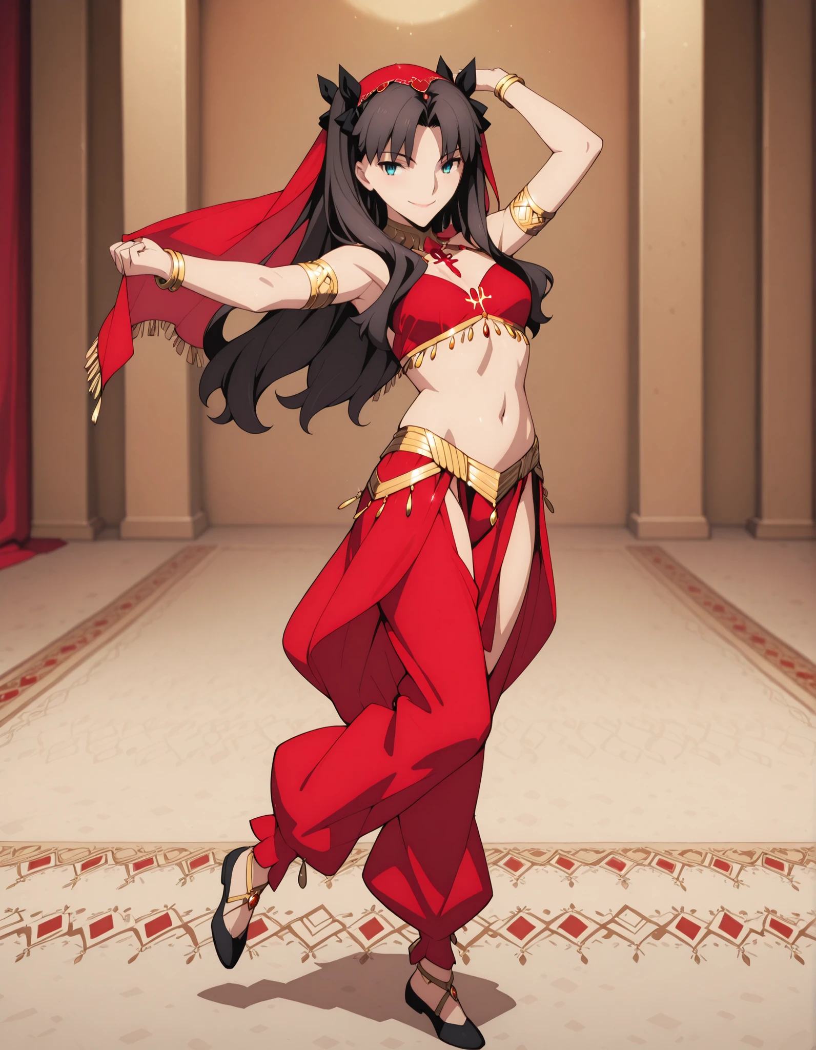 (1girl:1 . 5) , (Seul:1 . 5) , score_9 , score_8_haut , score_7_haut , source_anime , Official work  , ultra-detailed , masterpiece , best quality selfie snapshot , high resolution , beaux yeux , detailed eyes , detailed face , beautiful detailed eyes ,Fate,Tohsaka Rin,Arabian Clothes , Arabian Dancer ,belly dancer costume ,full body,golden jewelery,armlet, belly dancing,arabian theater,seductive smile, dancing with veil, dynamic movement,dance posture, seductive pose