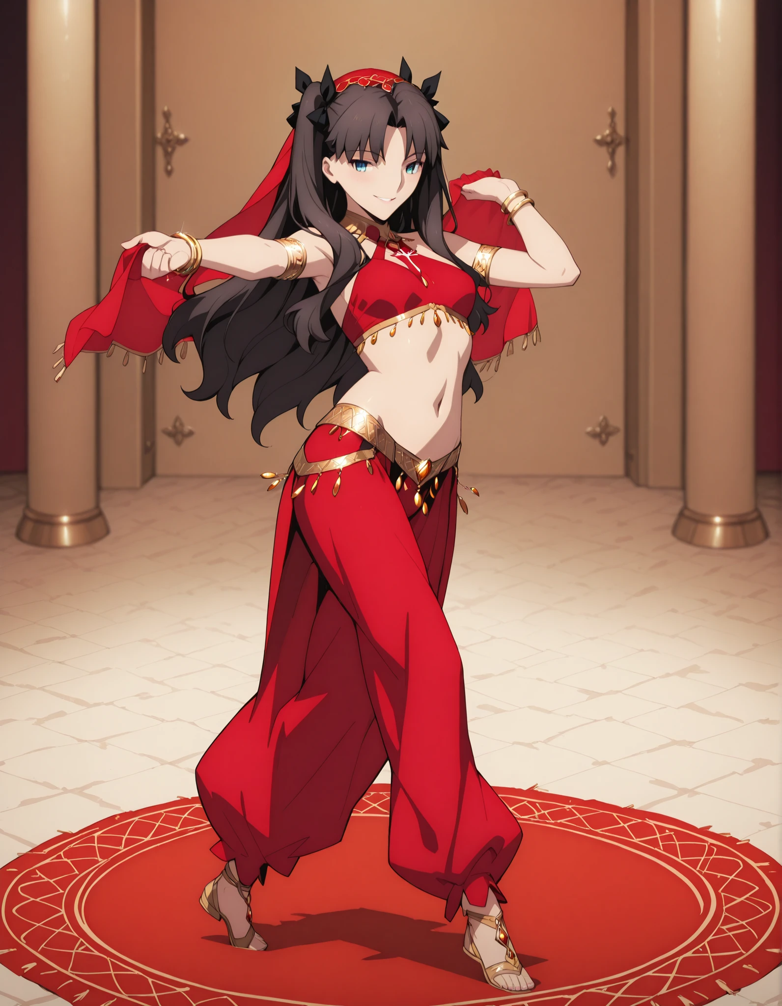 (1girl:1 . 5) , (Seul:1 . 5) , score_9 , score_8_haut , score_7_haut , source_anime , Official work  , ultra-detailed , masterpiece , best quality selfie snapshot , high resolution , beaux yeux , detailed eyes , detailed face , beautiful detailed eyes ,Fate,Tohsaka Rin,Arabian Clothes , Arabian Dancer ,belly dancer costume ,full body,golden jewelery,armlet, belly dancing,arabian theater,seductive smile, dancing with veil, dynamic movement,dance posture, seductive pose