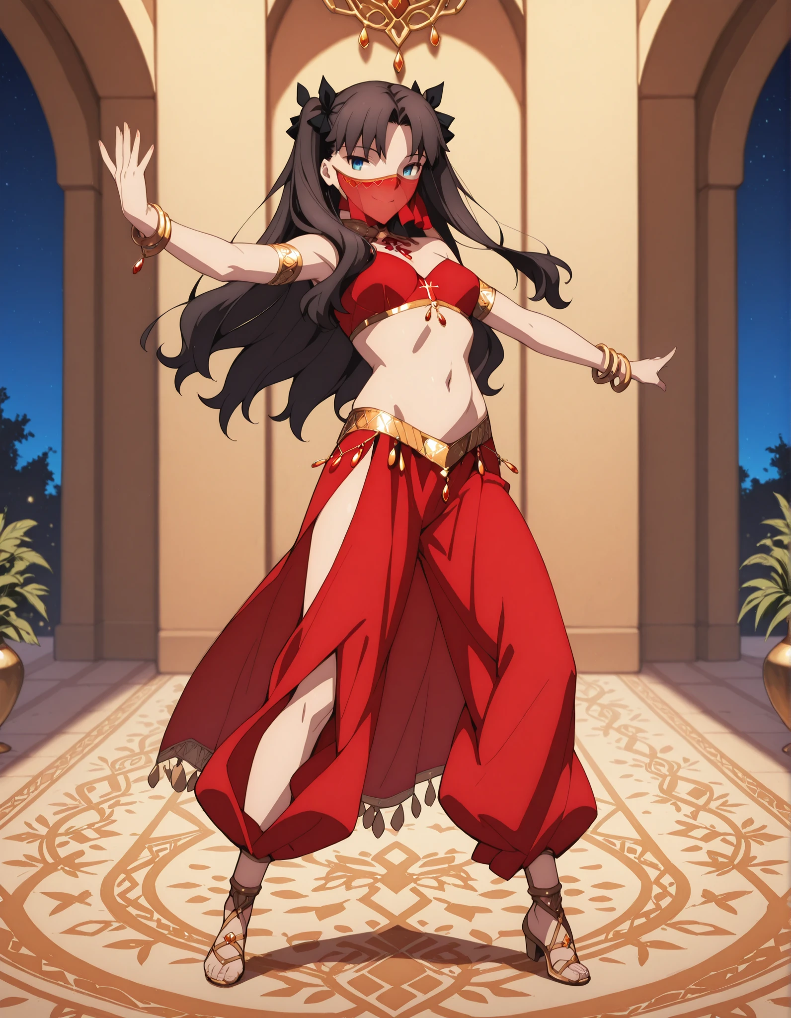 (1girl:1 . 5) , (Seul:1 . 5) , score_9 , score_8_haut , score_7_haut , source_anime , Official work  , ultra-detailed , masterpiece , best quality selfie snapshot , high resolution , beaux yeux , detailed eyes , detailed face , beautiful detailed eyes ,Fate,Tohsaka Rin,Arabian Clothes , Arabian Dancer ,belly dancer costume ,full body,golden jewelery,mouth veil,armlet, belly dancing,night,arabian garden,seductive smile, dancing with veil, dynamic movement,dance posture, seductive pose