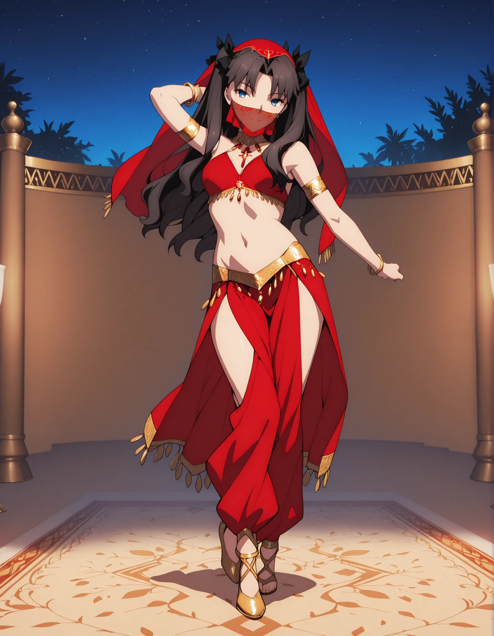 (1girl:1 . 5) , (Seul:1 . 5) , score_9 , score_8_haut , score_7_haut , source_anime , Official work  , ultra-detailed , masterpiece , best quality selfie snapshot , high resolution , beaux yeux , detailed eyes , detailed face , beautiful detailed eyes ,Fate,Tohsaka Rin,Arabian Clothes , Arabian Dancer ,belly dancer costume ,full body,golden jewelery,mouth veil,armlet, belly dancing,night,arabian garden,seductive smile, dancing with veil, dynamic movement,dance posture, seductive pose