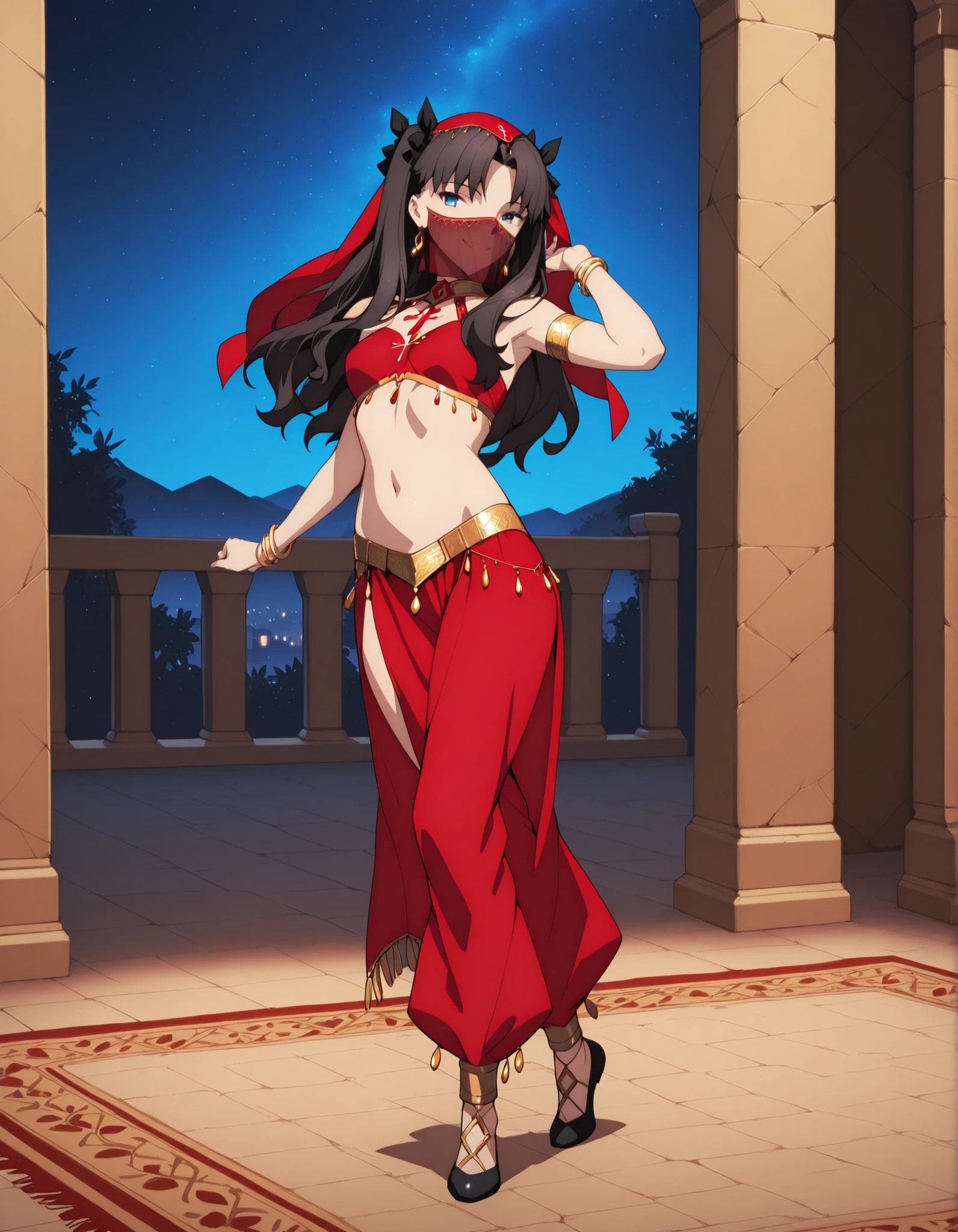 (1girl:1 . 5) , (Seul:1 . 5) , score_9 , score_8_haut , score_7_haut , source_anime , Official work  , ultra-detailed , masterpiece , best quality selfie snapshot , high resolution , beaux yeux , detailed eyes , detailed face , beautiful detailed eyes ,Fate,Tohsaka Rin,Arabian Clothes , Arabian Dancer ,belly dancer costume ,full body,golden jewelery,mouth veil,armlet, belly dancing,night,arabian garden,seductive smile, dancing with veil, dynamic movement,dance posture, seductive pose