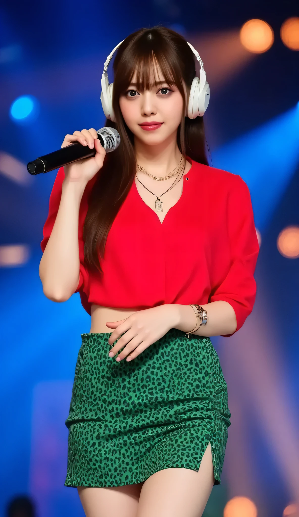 A young woman commands the stage with a posture, microphone in the hand, ready to present a performance. She's dressed with a vibrant red blouse that accents her slim figure and an elegant leopard-print green skirt with a side slit, adding a touch of boldness. Her set is complemented with layered necklaces, uma com um pingente, and in her ears are large white headphones from the brand "studio." Her long brown hair falls perfectly, contributing to your confident appearance. The background is filled with dynamic stage lighting, with blue and orange lights that create a lively concert atmosphere, suggesting a live performance or musical event. The overall mood of the image is energetic and engaging, capturing the essence of live entertainment.