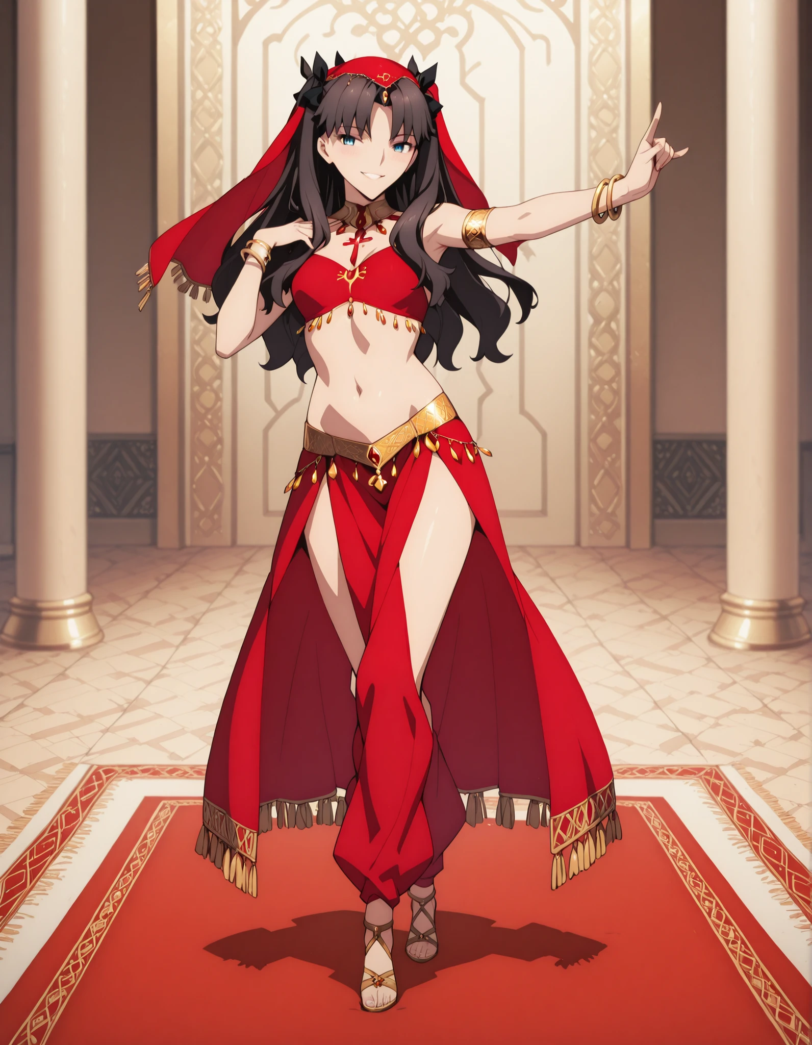 (1girl:1 . 5) , (Seul:1 . 5) , score_9 , score_8_haut , score_7_haut , source_anime , Official work  , ultra-detailed , masterpiece , best quality selfie snapshot , high resolution , beaux yeux , detailed eyes , detailed face , beautiful detailed eyes ,Fate,Tohsaka Rin,Arabian Clothes , Arabian Dancer ,belly dancer costume ,full body,golden jewelery,armlet, belly dancing,arabian garden,seductive smile, dancing with veil, dynamic movement,dance posture, seductive pose