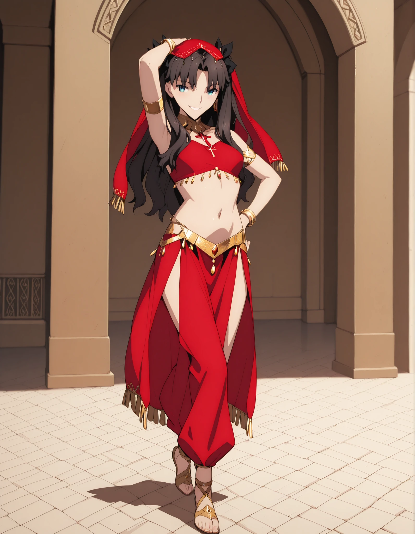 (1girl:1 . 5) , (Seul:1 . 5) , score_9 , score_8_haut , score_7_haut , source_anime , Official work  , ultra-detailed , masterpiece , best quality selfie snapshot , high resolution , beaux yeux , detailed eyes , detailed face , beautiful detailed eyes ,Fate,Tohsaka Rin,Arabian Clothes , Arabian Dancer ,belly dancer costume ,full body,golden jewelery,armlet, belly dancing,arabian garden,seductive smile, dancing with veil, dynamic movement,dance posture, seductive pose