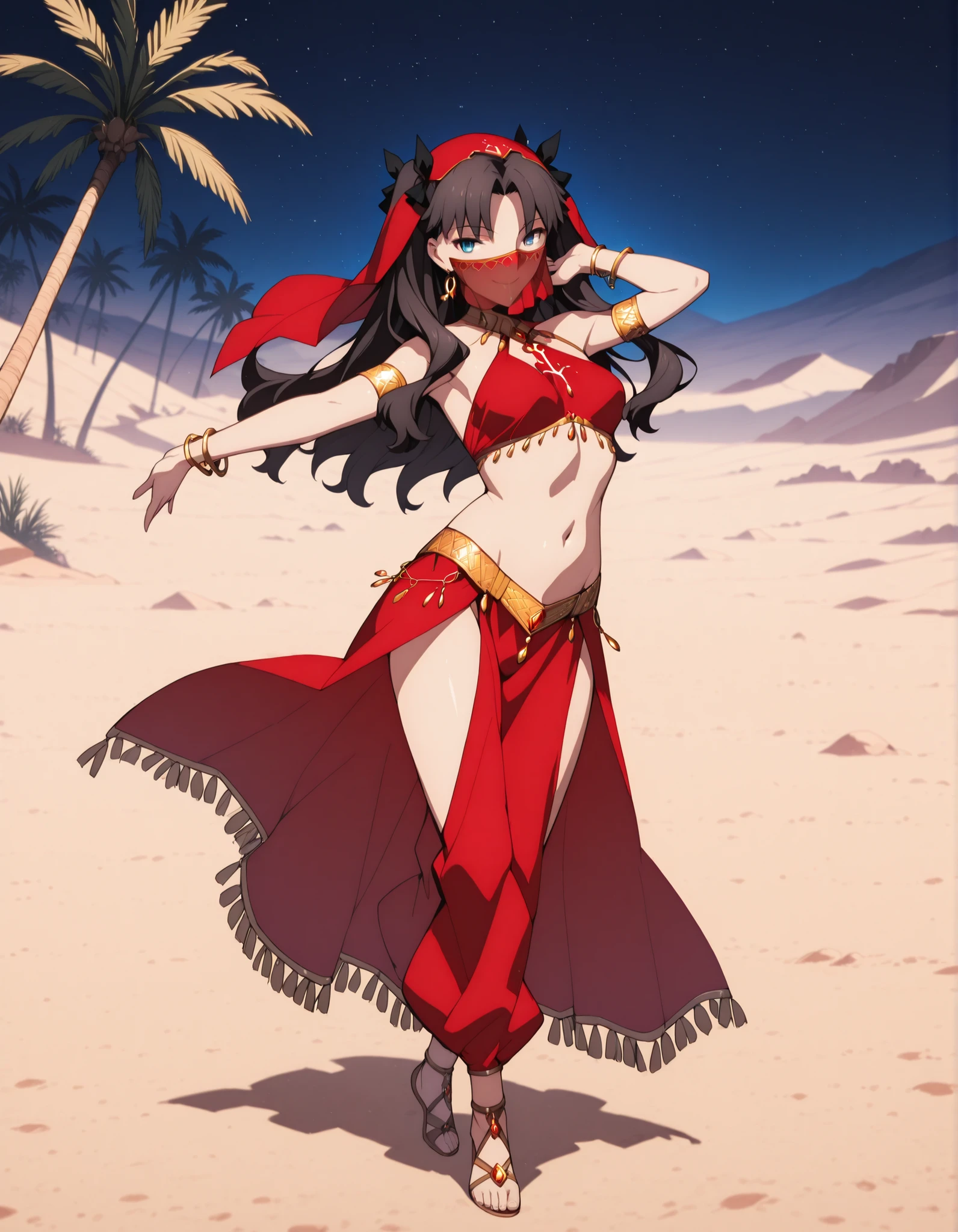 (1girl:1 . 5) , (Seul:1 . 5) , score_9 , score_8_haut , score_7_haut , source_anime , Official work  , ultra-detailed , masterpiece , best quality selfie snapshot , high resolution , beaux yeux , detailed eyes , detailed face , beautiful detailed eyes ,Fate,Tohsaka Rin,Arabian Clothes , Arabian Dancer ,belly dancer costume ,full body,golden jewelery,mouth veil,armlet, belly dancing,night,desert lands,palm tree,seductive smile, dancing with veil, dynamic movement,dance posture, seductive pose