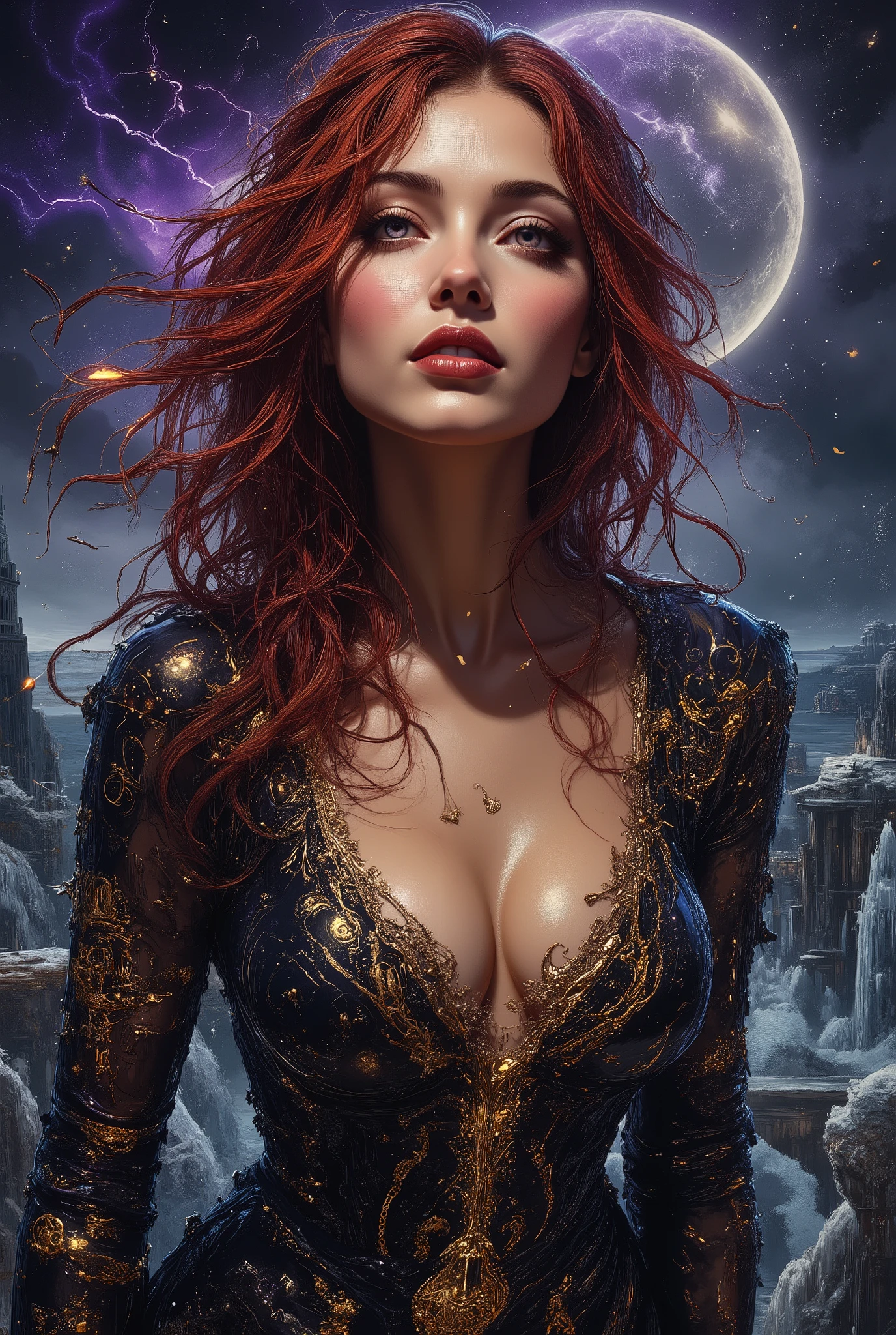 Intimate semi realistic surreal portrait of a divine siren goddess, oil painting with expressive brushstrokes, impossibly beautiful eyes like deep cosmic pools - huge and mesmerizing with gold-flecked violet irises burning with inner fire, framed by thick dark lashes casting dramatic shadows on her perfect cheekbones, face of devastating angelic beauty with sharp European features that transcend human perfection, high aristocratic cheekbones with intense iridescent glow, full pouty lips painted deep wine red and parted in a seductive half-smile, luminous alabaster skin like living moonstone contrasting with deep shadows, statuesque goddess form with dangerous curves arched provocatively on black marble balcony carved with glowing ancient runes, skin-tight black silk dress soaked by sea spray clinging to every divine curve like a second skin, plunging neckline with large beautiful cleavage revealing flawless décolletage adorned with hypnotic swirling marks that pulse with starlight, cascading crimson hair with deep purple undertones floating wildly in supernatural wind, generous natural curves straining against the midnight silk that ripples like liquid shadow, long graceful neck arched back exposing throat adorned with glowing sigils, piercing eyes holding an irresistible magnetic gaze, atmosphere electric with dark romantic energy, blood moon casting crimson light through storm clouds while aurora borealis dances in violent purple and gold, razor-sharp crystalline structures growing from ancient stone like frozen lightning, otherworldly mist coiling possessively around her figure, pose radiating both power and invitation, extreme contrast between light and shadow, masterwork quality, photorealistic detail, dark fantasy romance, 8k resolution