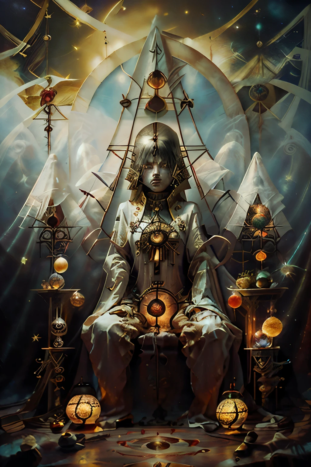 Done with art nouveau art mosaic style. An alluring, luminescent goddess with a slender yet shapely physique, adorned in a diaphanous, intricately embroidered black toga with sacred equations and esoteric symbols woven in shimmering gold and silver thread, her diaphanous gown draping elegantly across her shoulders, stands tall amidst a breathtaking, star-studded celestial expanse, with majestic feathery silver wings unfolding from her back like a shimmering aurora. Her seraphic visage is crowned with wild, windswept white blonde hair, and a smoldering violet gaze greets the viewer, as she cradles two ornate golden goblets adorned with cryptic runes, one containing a fiery, swirling black and red inferno, the other a soft, ethereal white and blue luminescence. The goblets' energies merge via a dynamic, pulsating blue and red stream in above her. As a gleaming gold triangle pendant suspended from her neck points upwards like a beacon, it radiates an otherworldly aura. Behind her, a titanic, cosmic maelstrom churns, as the universe itself bends to her will, with glimmering phantasmagoria and nebulae wisps swirling around her, in a photorealistic style blending the dark, mystical elements of Gerald Brom's Gothic fantasy art, the vibrant, fantastical depth of Noah Bradley's dreamscapes, and the visionary, ethereal aesthetic of Andrew Gonzalez's cosmic landscapes, with meticulous attention to intricate details, believable texture, and atmosphere.