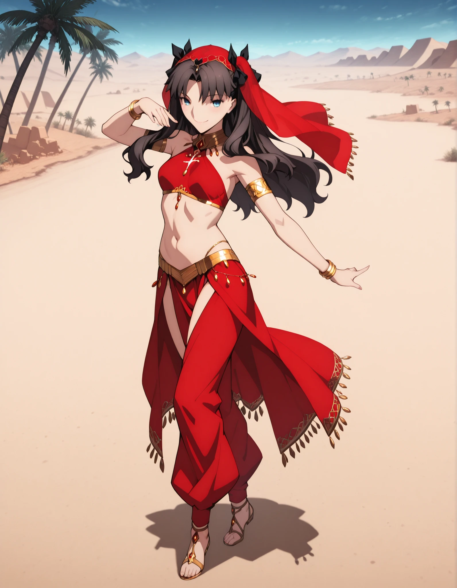 (1girl:1 . 5) , (Seul:1 . 5) , score_9 , score_8_haut , score_7_haut , source_anime , Official work  , ultra-detailed , masterpiece , best quality selfie snapshot , high resolution , beaux yeux , detailed eyes , detailed face , beautiful detailed eyes ,Fate,Tohsaka Rin,Arabian Clothes , Arabian Dancer ,belly dancer costume ,full body,golden jewelery,armlet, belly dancing,desert lands,palm tree,seductive smile, dancing with veil, dynamic movement,dance posture, seductive pose