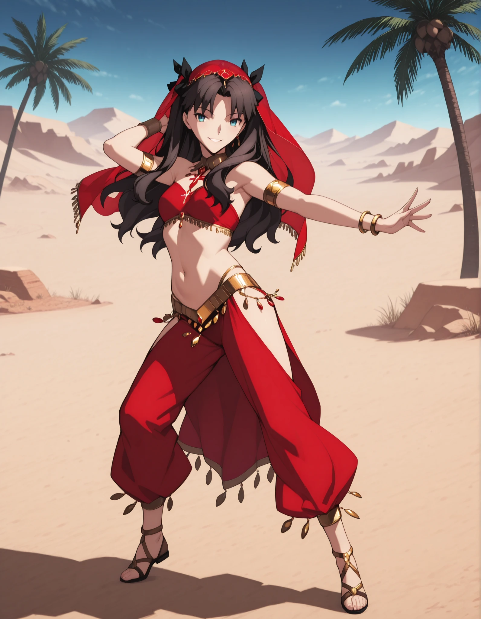 (1girl:1 . 5) , (Seul:1 . 5) , score_9 , score_8_haut , score_7_haut , source_anime , Official work  , ultra-detailed , masterpiece , best quality selfie snapshot , high resolution , beaux yeux , detailed eyes , detailed face , beautiful detailed eyes ,Fate,Tohsaka Rin,Arabian Clothes , Arabian Dancer ,belly dancer costume ,full body,golden jewelery,armlet, belly dancing,desert lands,palm tree,seductive smile, dancing with veil, dynamic movement,dance posture, seductive pose