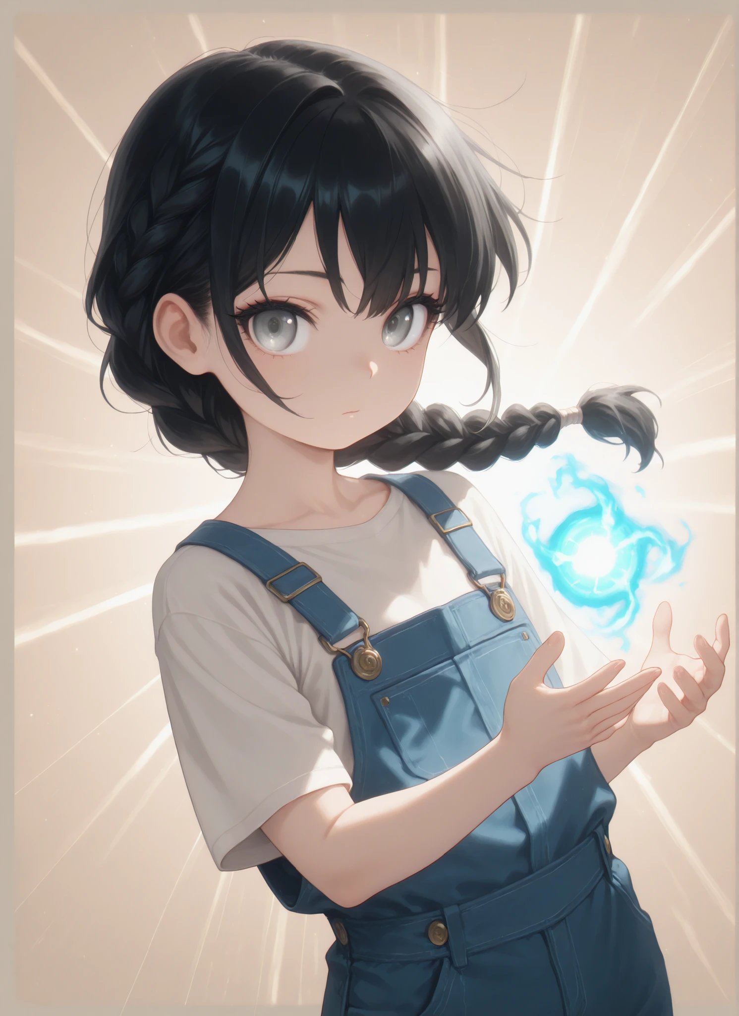 Masterpiece, Best Quality, Newest, Safe, Good Anatomy, Good Resolution, Good Lighting. Beautiful, Anime, Normal. Girl, Black Hair, Hairstyle, One Braid. Light Gray Eyes. Black Eyelashes, Fair Skin. Adorable, She is 8 Years Old, Height 1'28 cm. Looking at Viewer, Alone, Background: Simple Beige Color. Wearing Clothing: White Shirt, Overalls. Defensive Posture. Rune-Based Magic: Traces of runic light, flashes of magical activation, swirls of energy, glowing holy signs, fiery runic seals.