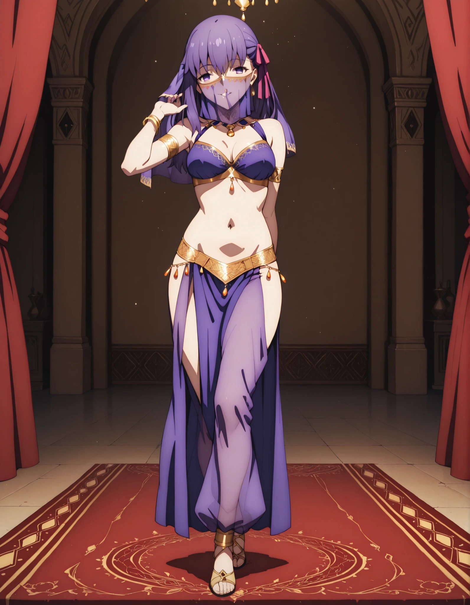(1girl:1 . 5) , (Seul:1 . 5) , score_9 , score_8_haut , score_7_haut , source_anime , Official work  , ultra-detailed , masterpiece , best quality selfie snapshot , high resolution , beaux yeux , detailed eyes , detailed face , beautiful detailed eyes ,Fate,Matou Sakura,Arabian Clothes , Arabian Dancer ,belly dancer costume ,full body,golden jewelery,mouth veil,armlet, belly dancing,arabian theater,seductive smile, dancing with veil, dynamic movement,dance posture, seductive pose