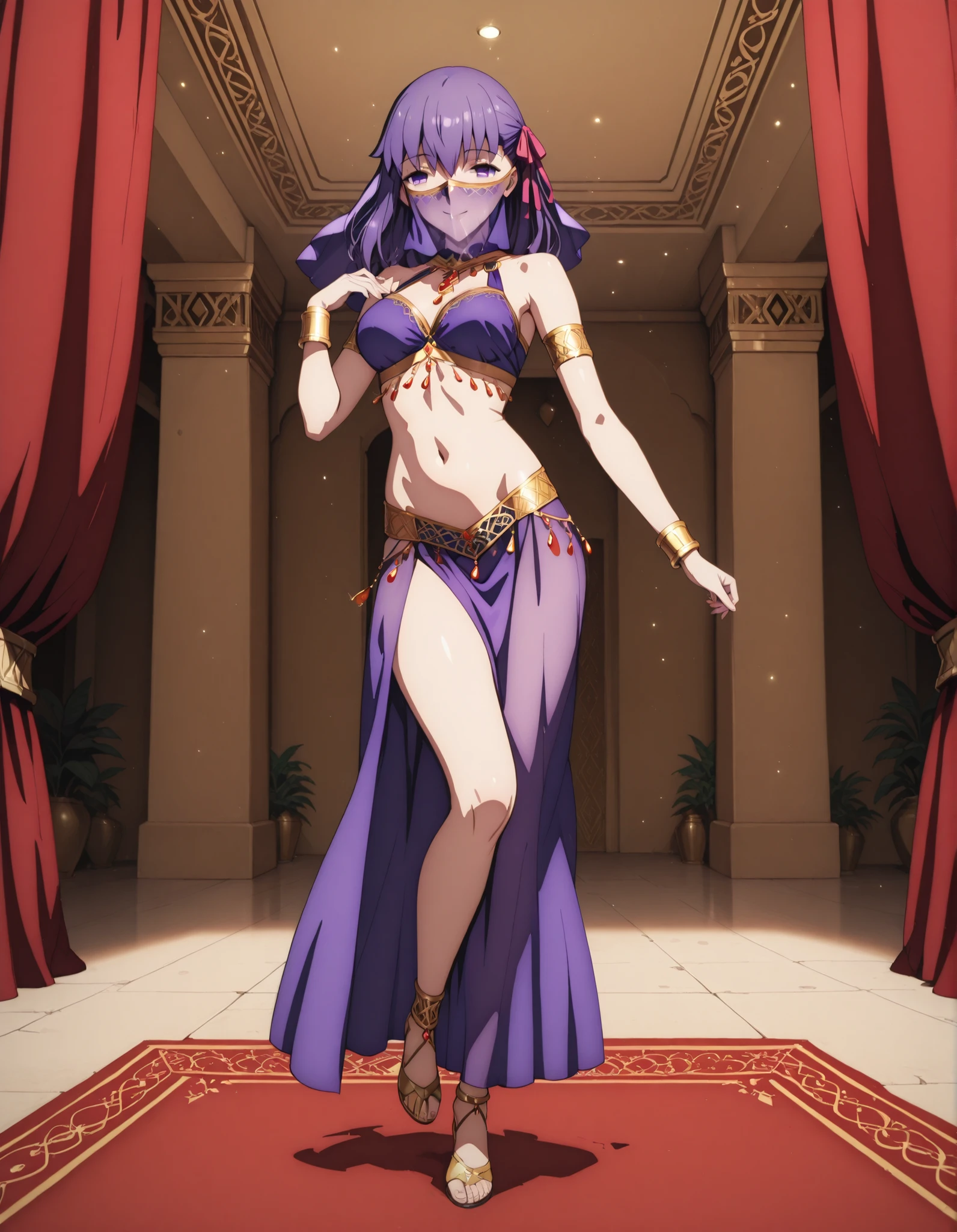 (1girl:1 . 5) , (Seul:1 . 5) , score_9 , score_8_haut , score_7_haut , source_anime , Official work , ultra-detailed , masterpiece , best quality selfie snapshot , high resolution , beaux yeux , detailed eyes , detailed face , beautiful detailed eyes ,Fate,Matou Sakura,Arabian Clothes , Arabian Dancer ,belly dancer costume ,full body,golden jewelery,mouth veil,armlet, belly dancing,arabian theater,seductive smile, dancing with veil, dynamic movement,dance posture, seductive pose