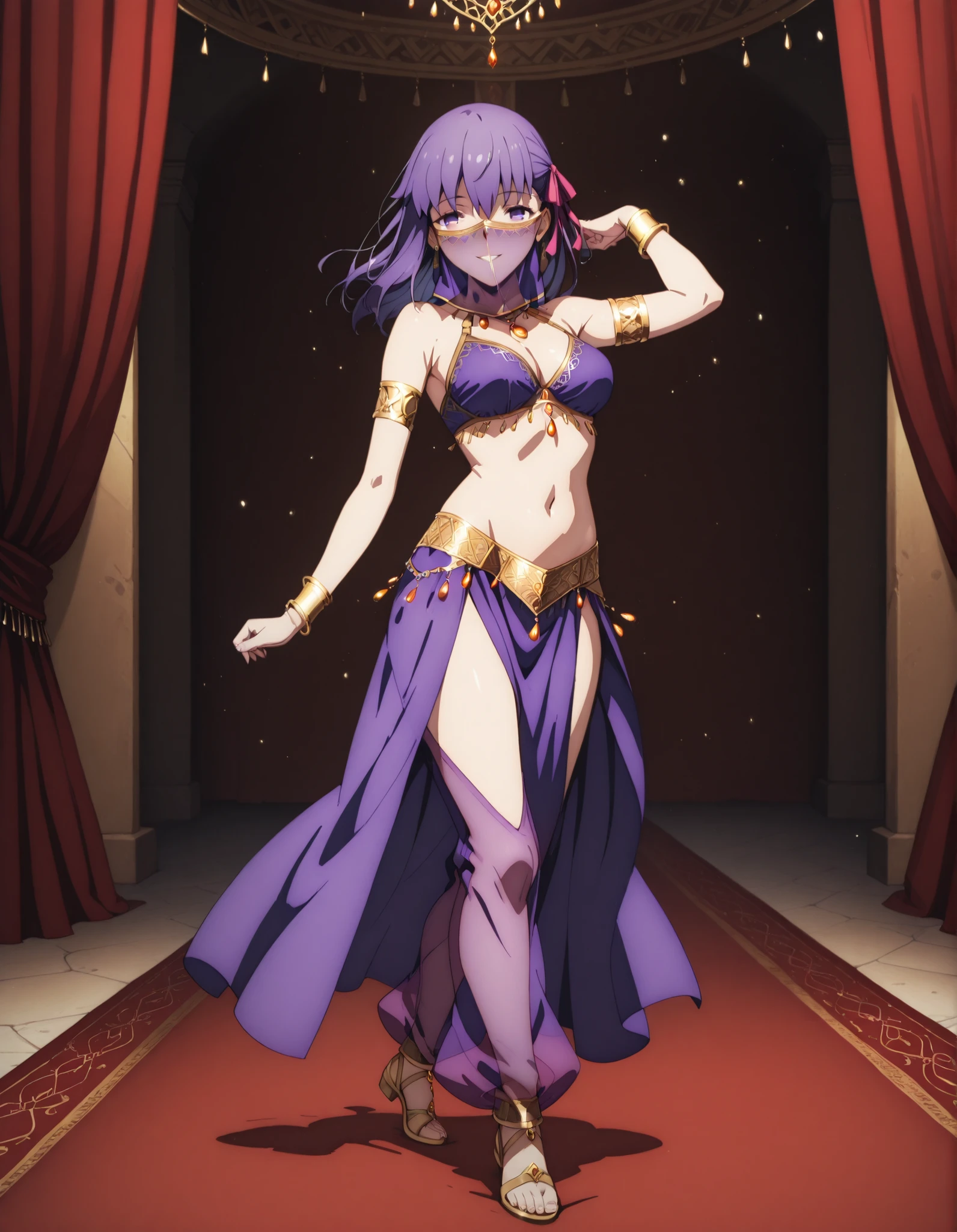 (1girl:1 . 5) , (Seul:1 . 5) , score_9 , score_8_haut , score_7_haut , source_anime , Official work  , ultra-detailed , masterpiece , best quality selfie snapshot , high resolution , beaux yeux , detailed eyes , detailed face , beautiful detailed eyes ,Fate,Matou Sakura,Arabian Clothes , Arabian Dancer ,belly dancer costume ,full body,golden jewelery,mouth veil,armlet, belly dancing,arabian theater,seductive smile, dancing with veil, dynamic movement,dance posture, seductive pose