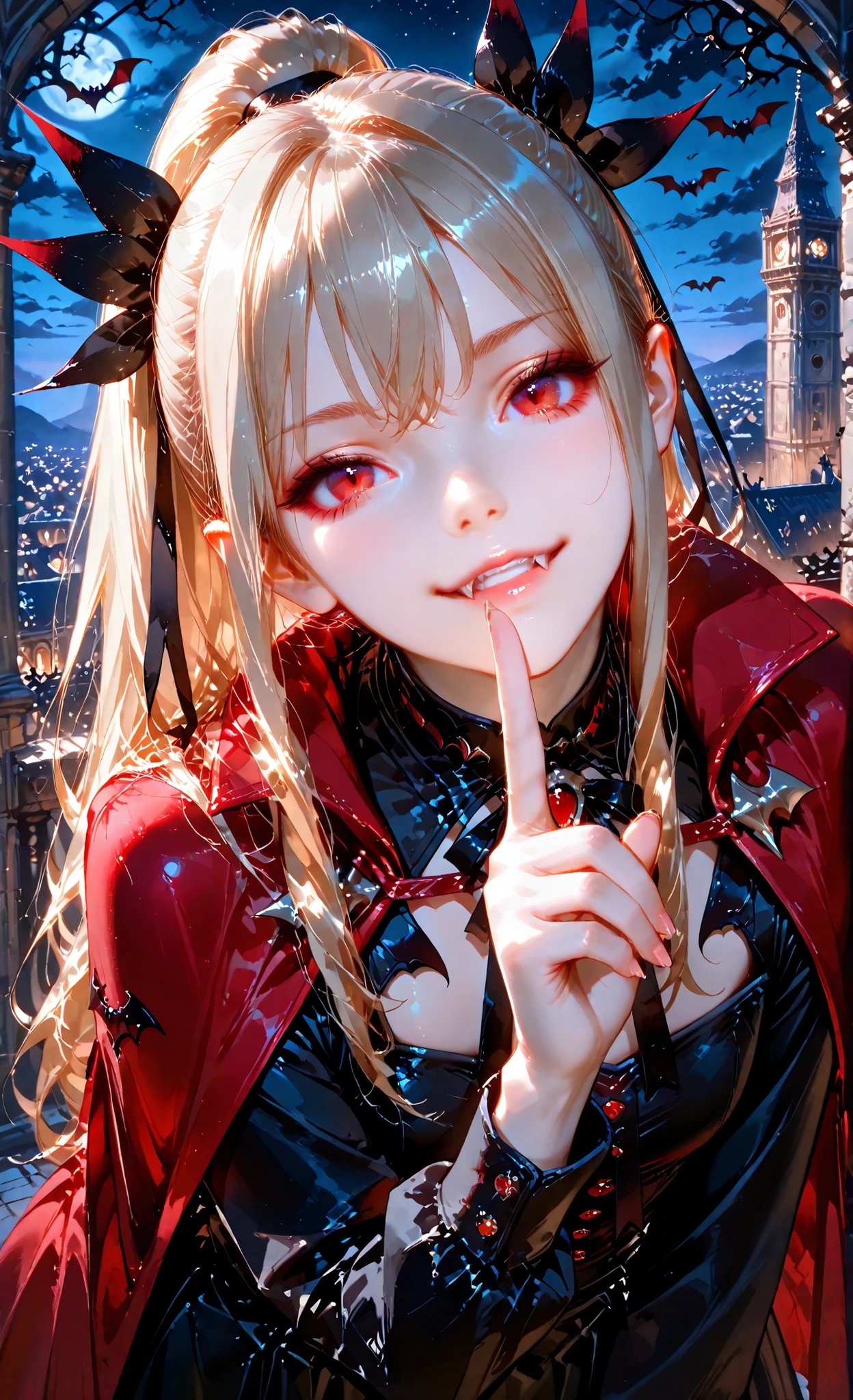 Mina Tepes, 1 girl, solo, blonde hair, ponytail, long hair, red eyes, beautiful eyes, beautiful face, face sculpted with hyper-realistic details, hair ribbon, black dress, red cape, at the top of the tower, night, bats flying in the sky, looking at the viewer, detailed hands, dominance posture, index finger raised, finger to mouth, shushing, hand up, headtilt, head turned, parted lips, psychopathic smile, vampire fangs, scary, leaning forward, closeup, top quality, masterpiece, ultra detailed, very aesthetic