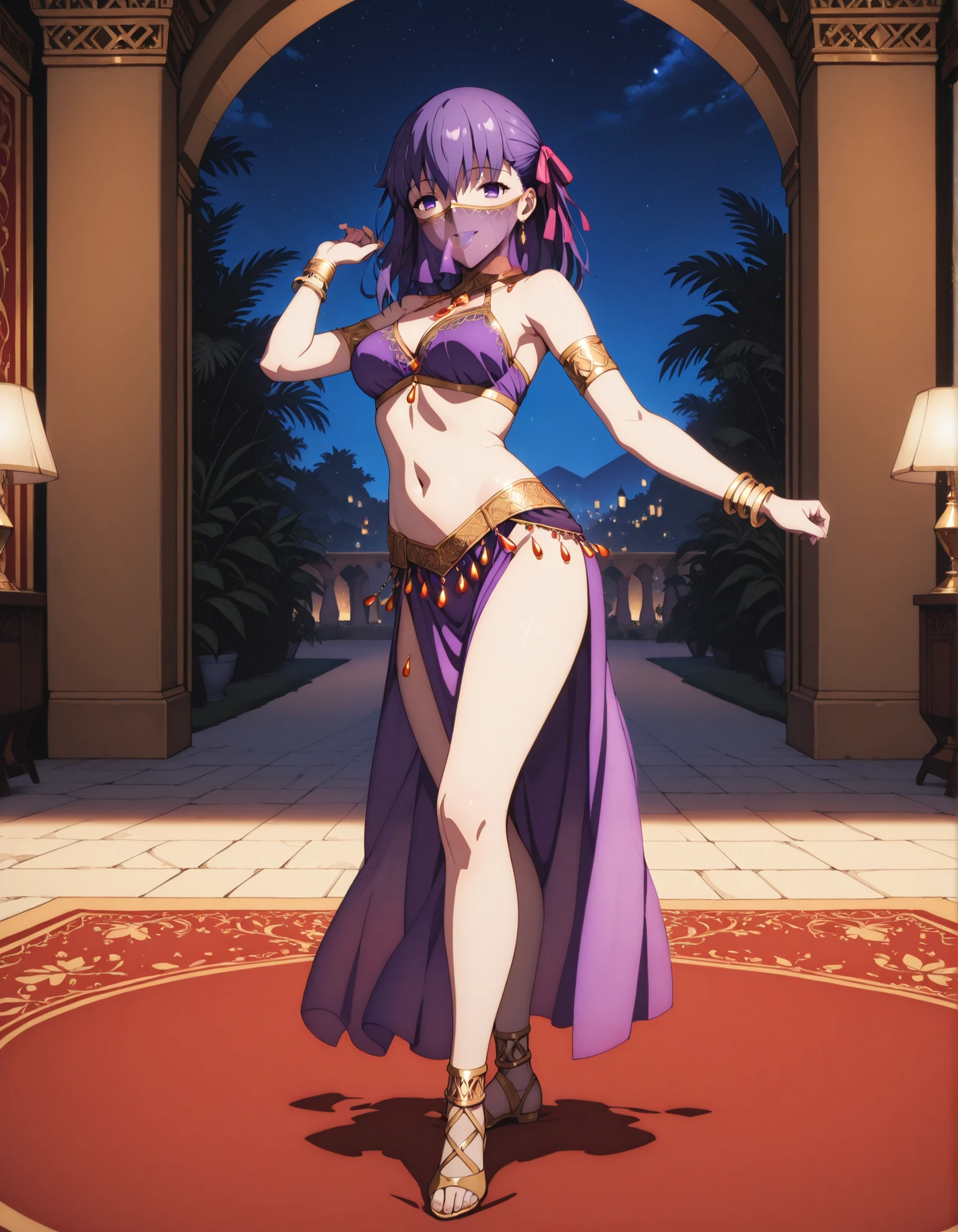 (1girl:1 . 5) , (Seul:1 . 5) , score_9 , score_8_haut , score_7_haut , source_anime , Official work , ultra-detailed , masterpiece , best quality selfie snapshot , high resolution , beaux yeux , detailed eyes , detailed face , beautiful detailed eyes ,Fate,Matou Sakura,Arabian Clothes , Arabian Dancer ,belly dancer costume ,full body,golden jewelery,mouth veil,armlet, belly dancing,night,arabian garden,seductive smile, dancing with veil, dynamic movement,dance posture, seductive pose