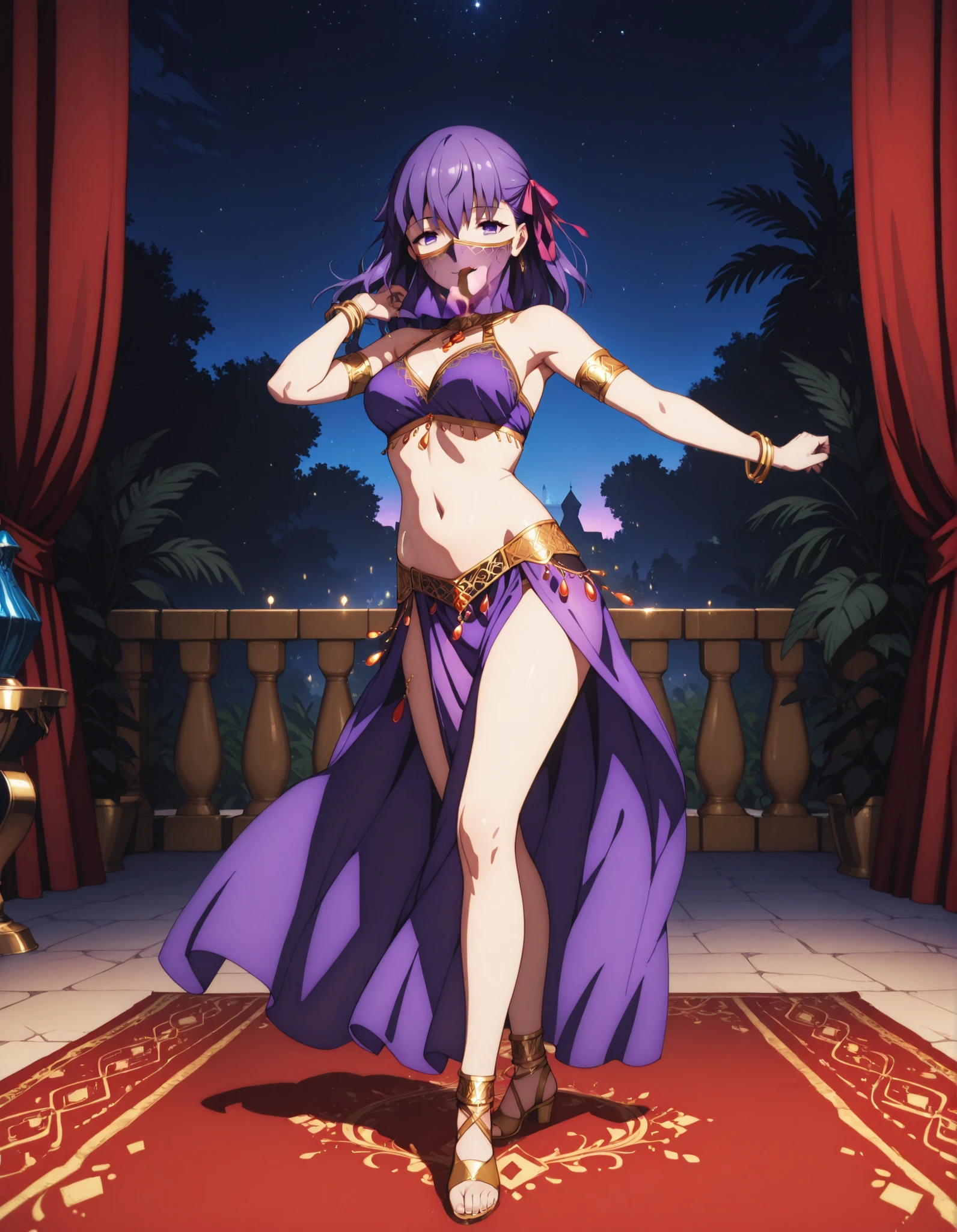 (1girl:1 . 5) , (Seul:1 . 5) , score_9 , score_8_haut , score_7_haut , source_anime , Official work , ultra-detailed , masterpiece , best quality selfie snapshot , high resolution , beaux yeux , detailed eyes , detailed face , beautiful detailed eyes ,Fate,Matou Sakura,Arabian Clothes , Arabian Dancer ,belly dancer costume ,full body,golden jewelery,mouth veil,armlet, belly dancing,night,arabian garden,seductive smile, dancing with veil, dynamic movement,dance posture, seductive pose